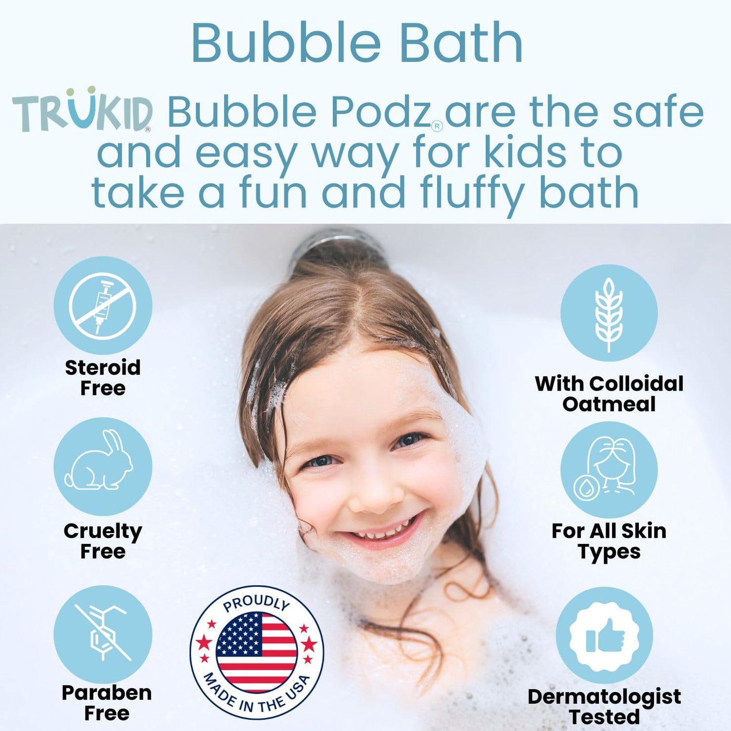 TruKid Bubble Podz Bubble Bath for Kids, Toddlers, & Babies, NEA-Accepted for Eczema, Gentle Refreshing Colloidal Oatmeal Bath Bomb for Sensitive Skin, pH Balanced, Tear Free, Unscented (10 Podz)