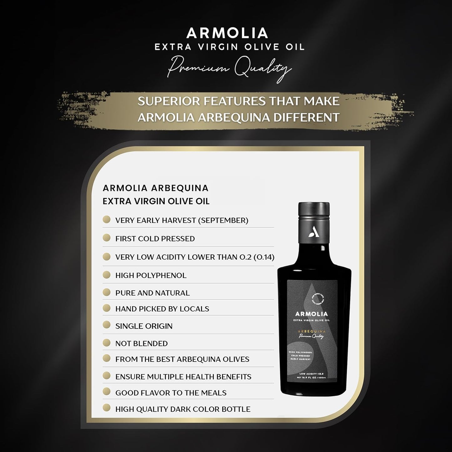 ARMOLIA Pure Olive Oil Extra Virgin Cold Pressed Glass Bottle, EVOO 2025 Gold Award Winner Drinking Polyphenol Rich Olive Oil Early Harvest, High Polyphenol (<400 mg/kg) Low-Acidity (0.14%), Hand Picked (500ml)