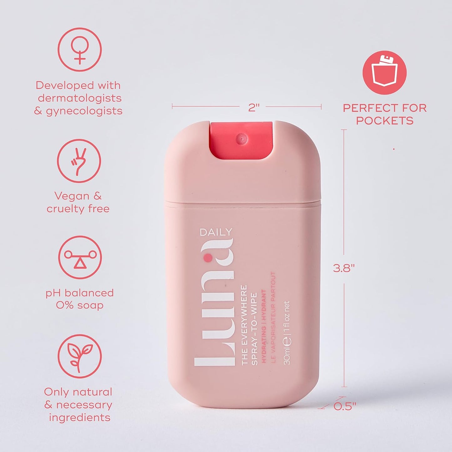 Luna Daily Body Cleansing Spray | Hydrating pH-Balanced Feminine & Body Mist | Gentle & Moisturizing for Intimate Hygiene, Underarms & Private Parts | Travel Essential for Women, Gym & Daily Care,30ml