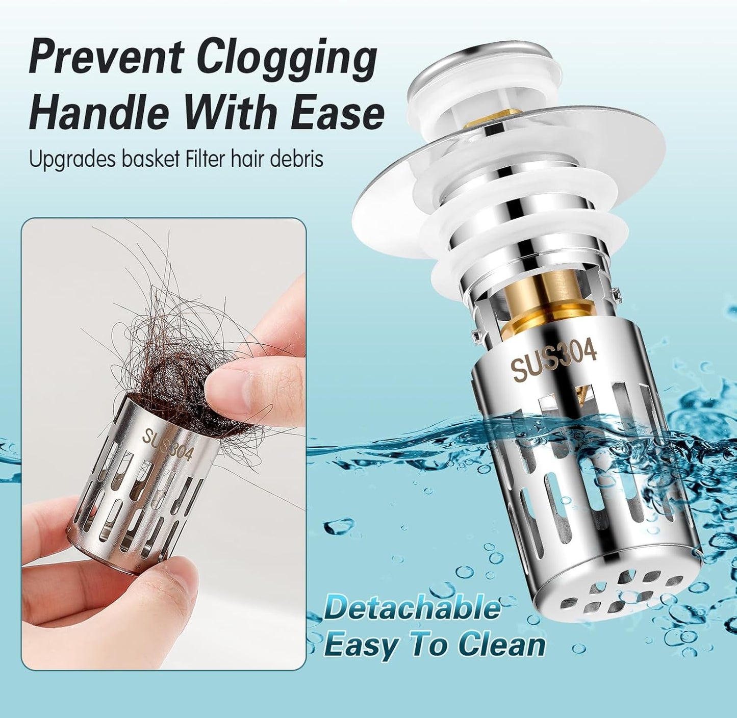 Bathroom Sink Stopper Hair Catcher, Pop-up Sink Drain Strainer with Removable Stainless Steel Strainer Basket Hair Catcher, Universal Drain Filter for Bathroom Sink Stopper Replacement (2PCS)