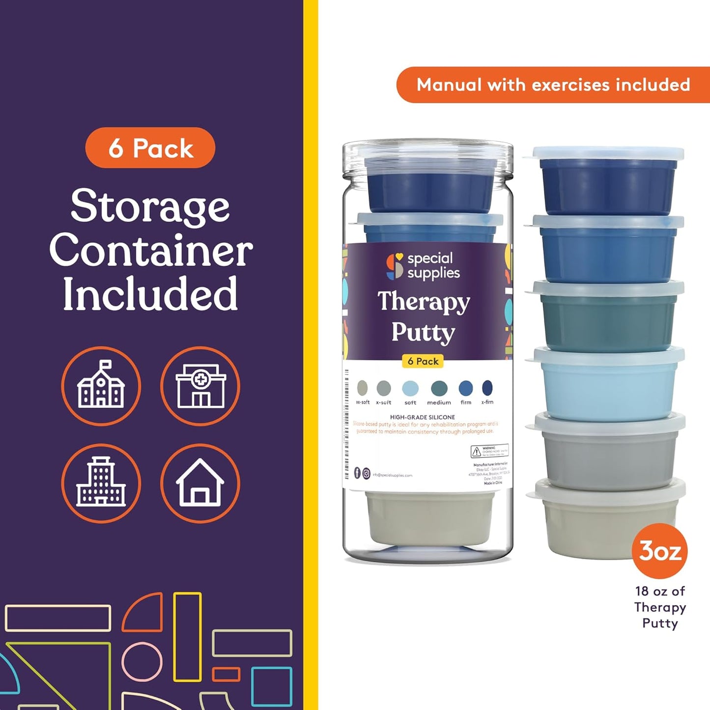Special Supplies Therapy Putty for Kids and Adults - Resistive Hand Exercise Stress Relief Kit, Set of 6 Strengths, 3 Ounces of Each Putty - Ocean Colors