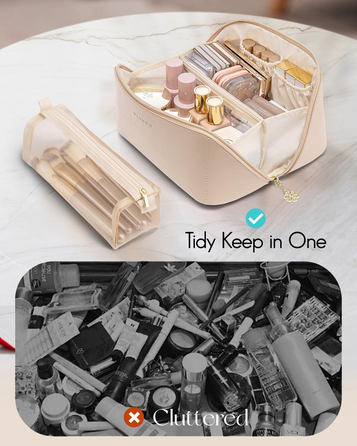 Vlando Makeup Bag,Large Capacity Travel Toiletry Bag,Cosmetic Bags for Women PU Leather Waterproof Portable Pouch with Divider & Handle-Toffee