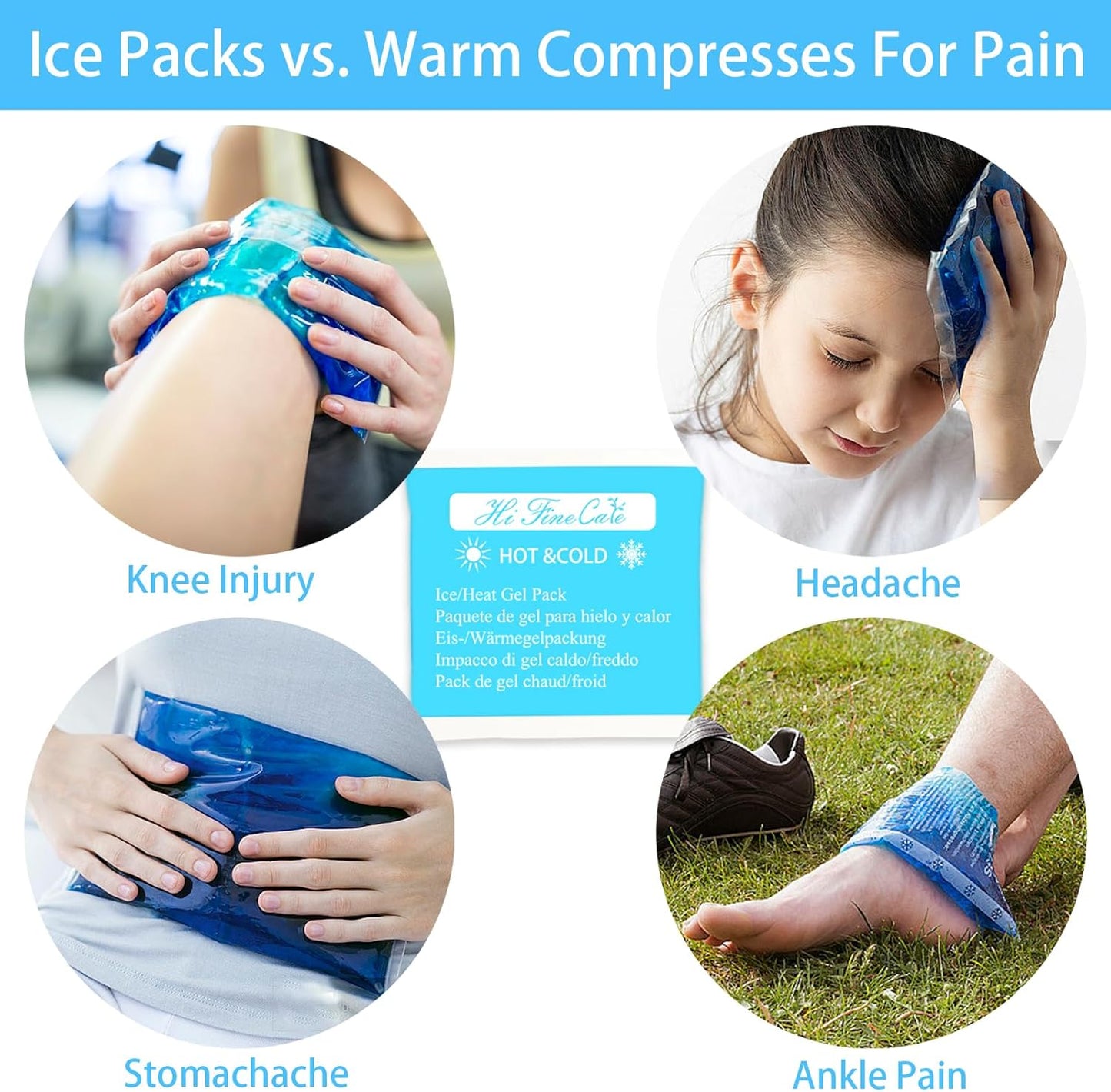 Gel Ice Packs, Cold Packs for Injury Recovery, Cold Compress for Pain Relief, Hot Cold Pack Relieves Inflammation, Arthritis for Headache, Ankle, Neck (Blue (4 Pack), 5×5 inch (13×13cm))