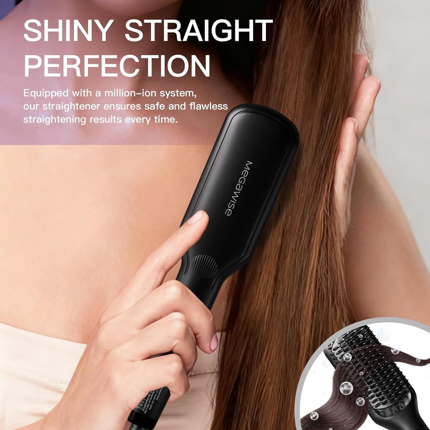 MEGAWISE Pro Ceramic Ionic Hair Straightener Brush for Home Salon, Straightening Hair Brush with 20s Heating Tech, Auto-Off, Anti-Scald with Universal Dual Voltage,Rotatable Power Cord, Black