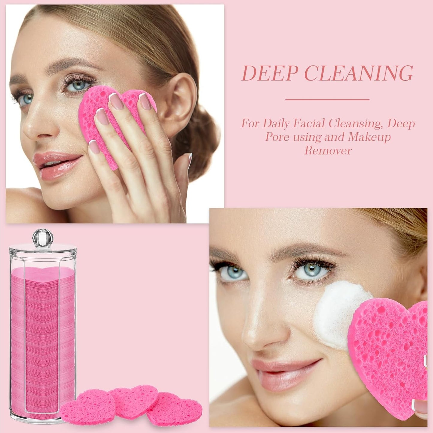 Sieral 120 Pcs Compressed Facial Sponges with Container Disposable Face Sponge Pads for Washing Face Cleansing Exfoliating Esthetician Makeup Removal(Heart,Rose Red)