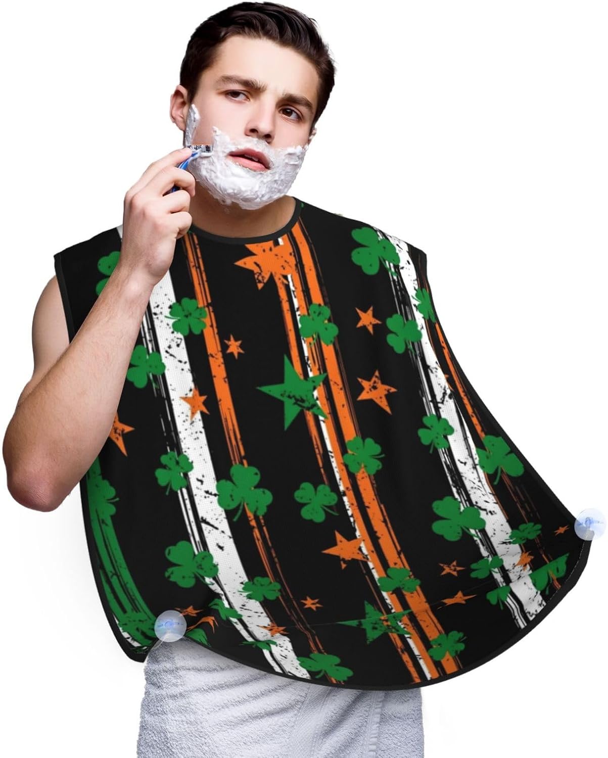 Beard Grooming Cape, Waterproof Hair Catcher for Shaving Trimming, Non-Stick Bib Apron Gifts for Dad Men, St Patricks Day Shamrock Clover Irish American Flag Shave Bib