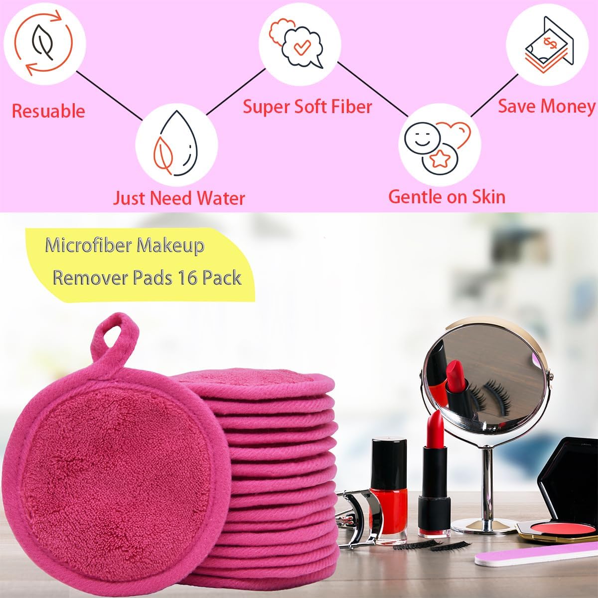 Reusable Makeup Remover Pads 16 Pack Microfiber Cleansing Facial Rounds Wipes Face, Eyes, Lips(3.5inch, dark pink)