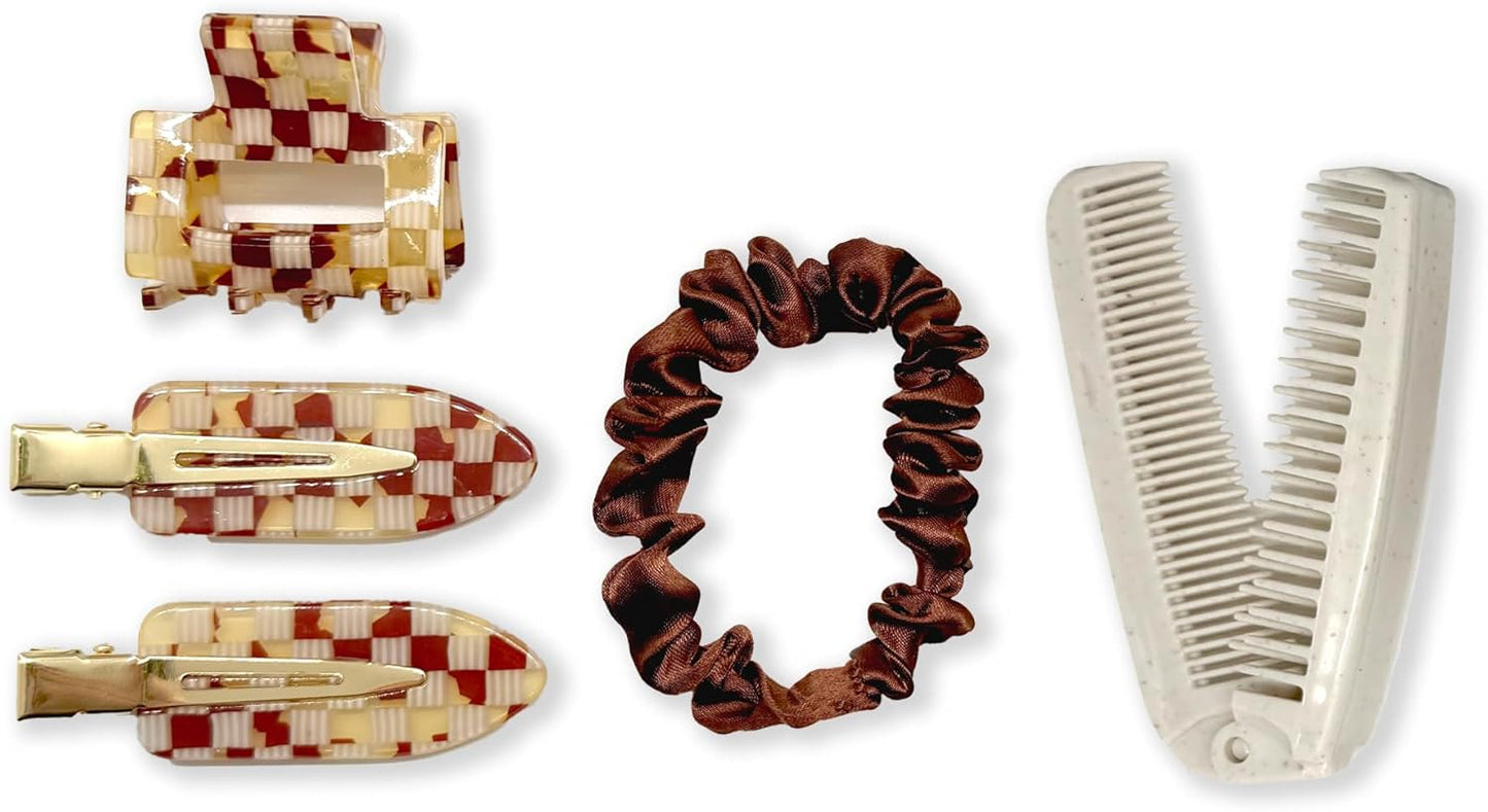 Bonks GoGo Kit - Hair Care Kit Espresso - Portable Hair Accessories Pouch for Women & Teens - Includes Mini Claw Clip, Seamless Hair Pins, Silky Hair Tie & Folding Comb - Compact Travel Essential