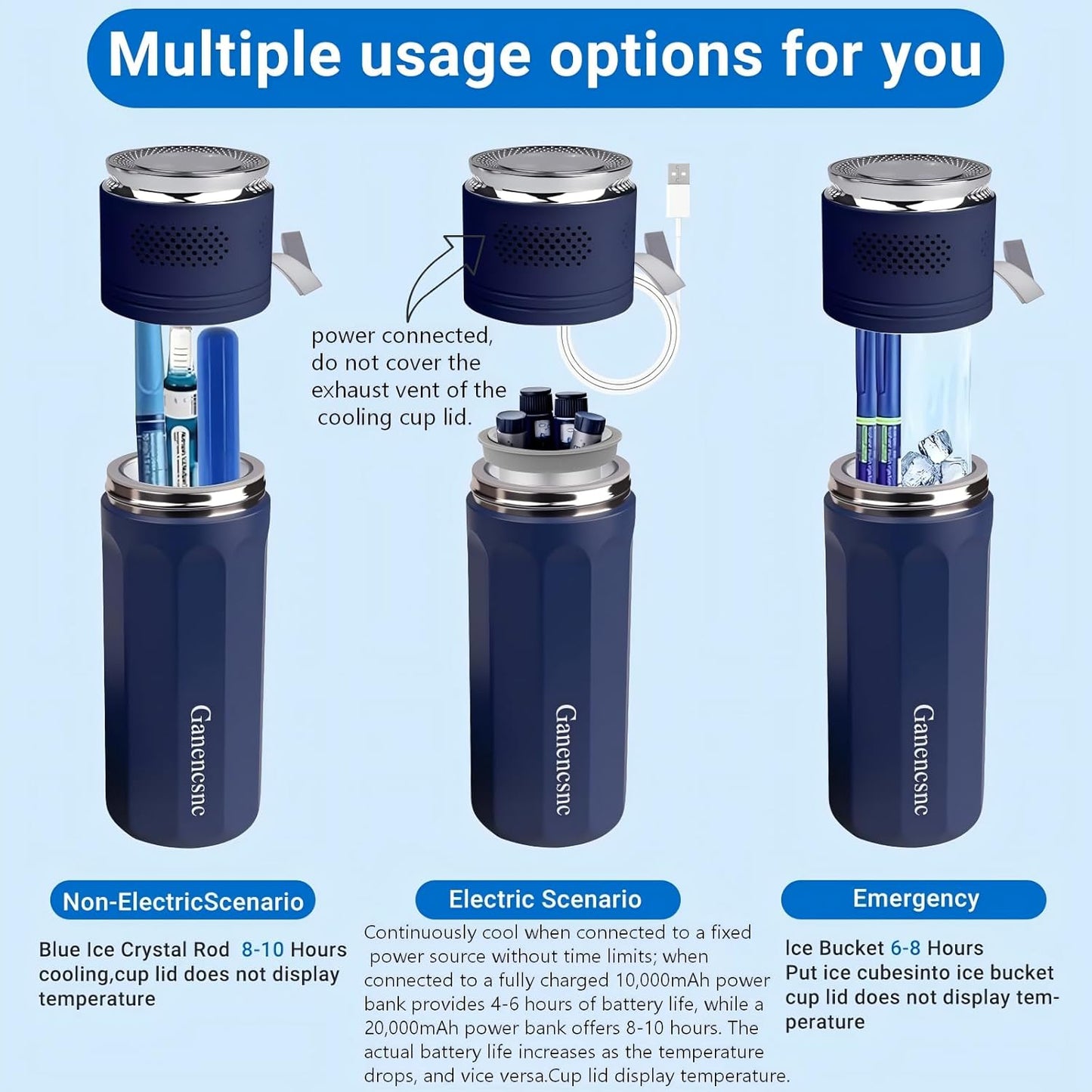Electric Insulin Cooler Travel Case TSA Approved,USB Type-C Smart Cooling, 10000mAh Power Bank ,Large Capacity Medication Cooler for Travel ,Medical Cooler for Insulin (Blue, Included Power Bank)