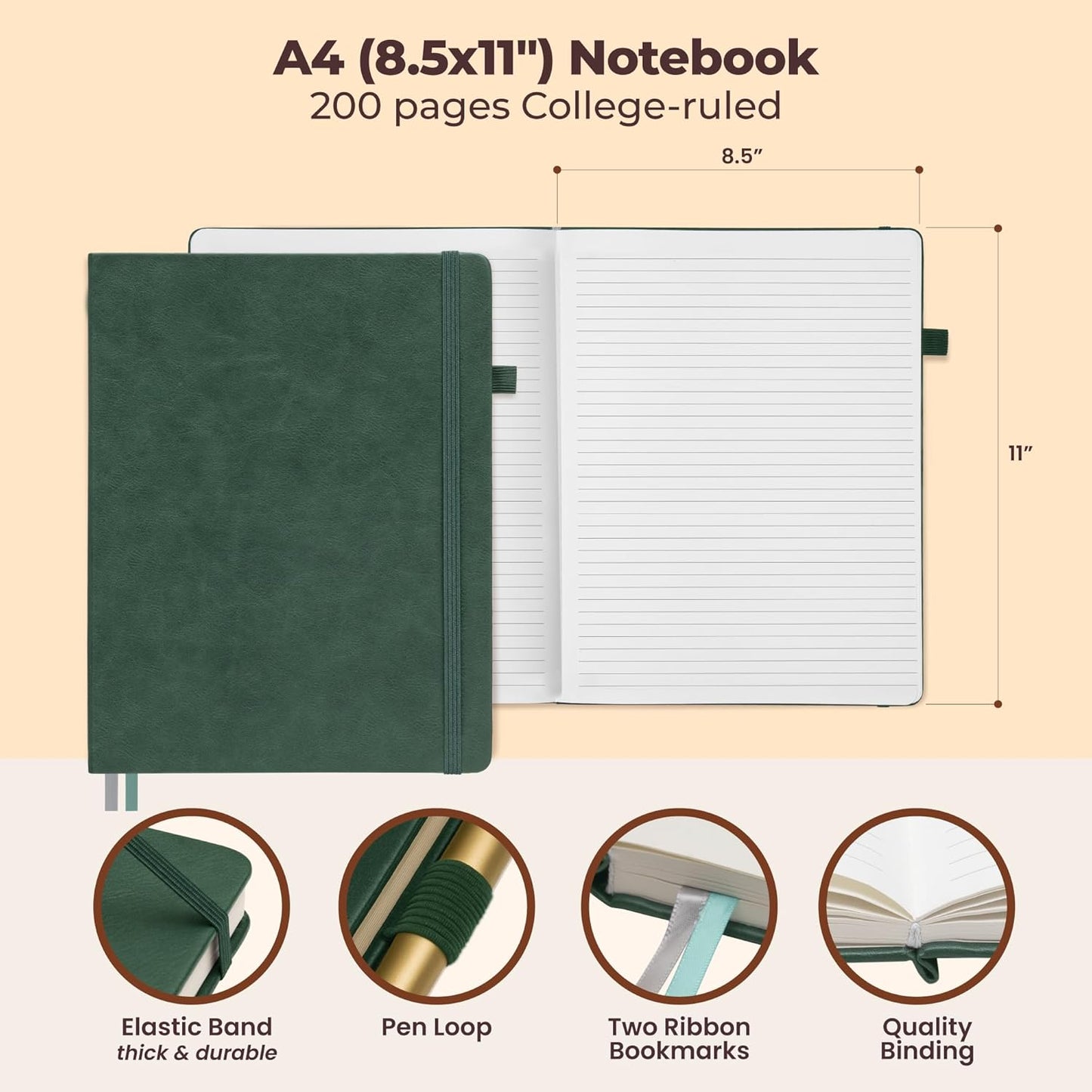 Classic Lined Journal Notebook 8.5x11" A4 Hardcover Leather - Green - 200 Pages College Ruled Large with Sticky Tabs, Pockets, and Pen Loop for Writing and Journaling - Big Hardback Men and Women