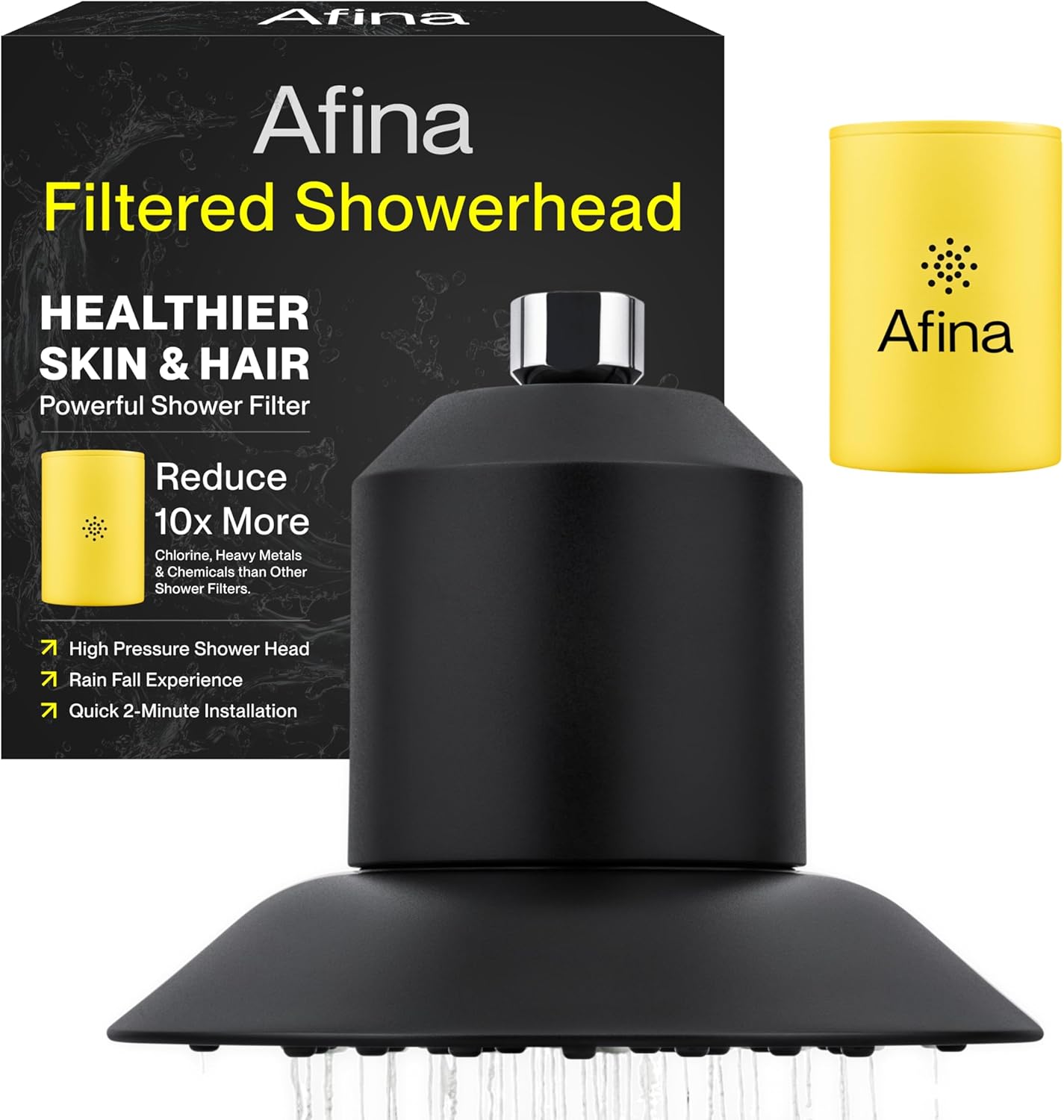 Afina Filtered Shower Head, Shower Filter for Hard Water | Improves Skin & Hair by Removing Chlorine & Toxic Chemicals from Hard Water | High Pressure Shower Filter Head Water Filter (Matte Black)