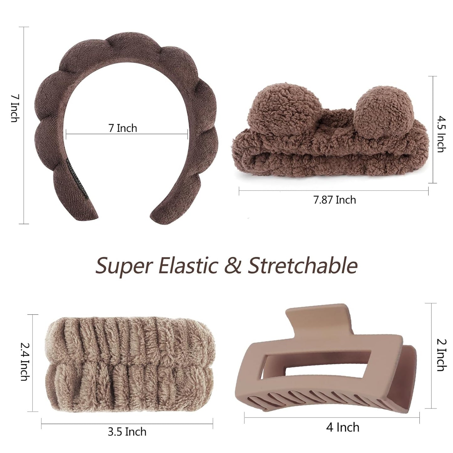 VELSCRUN Spa Headband, Makeup Face Wash Skincare Headbands, 5 Pcs Sponge Get Ready Bear Ears Hairband Facial Wristband Hair Clip Set, Stuff for Teen Girls Women Trendy Hair Accessories Dark Brown