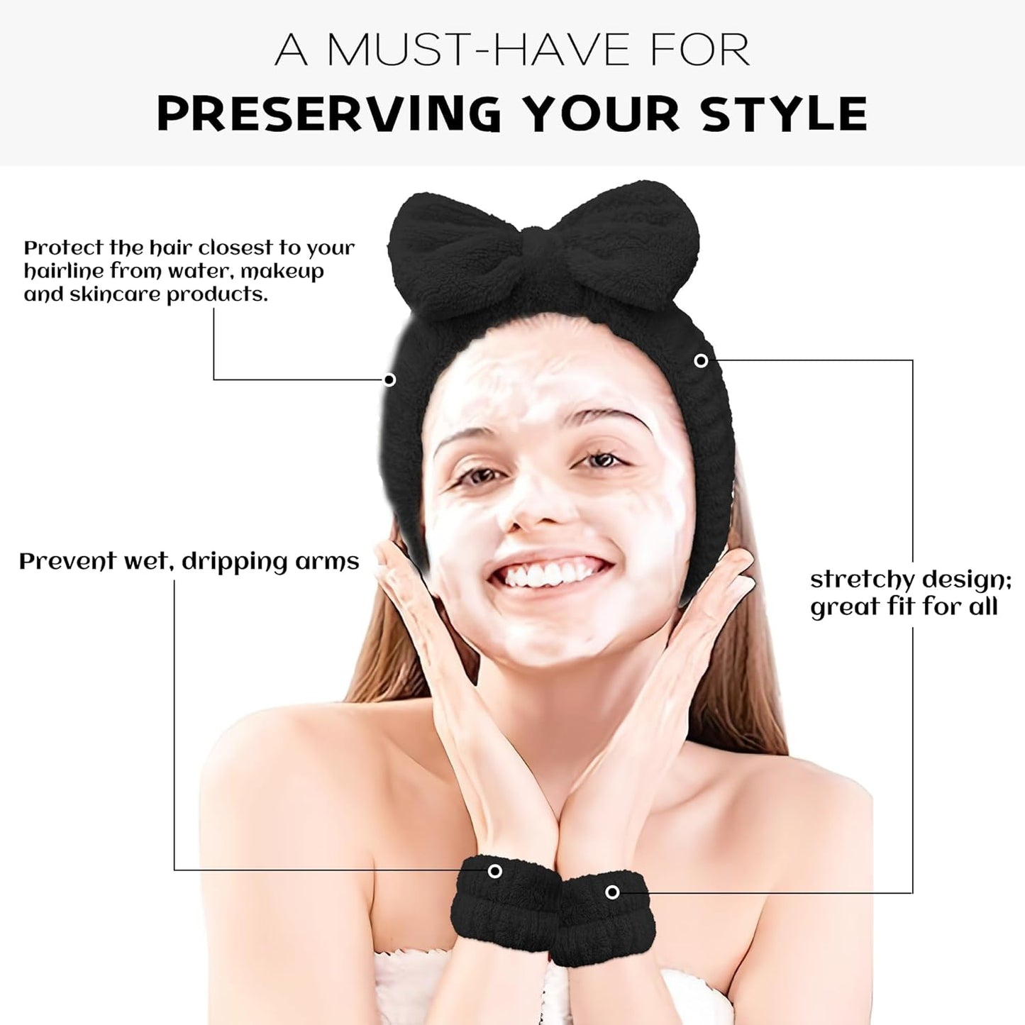Ayesha Spa Headband and Wristband Set for Skincare Washing Face,Makeup Headband Wrist Cuffs for Preppy Skincare Women Girl(Black set)