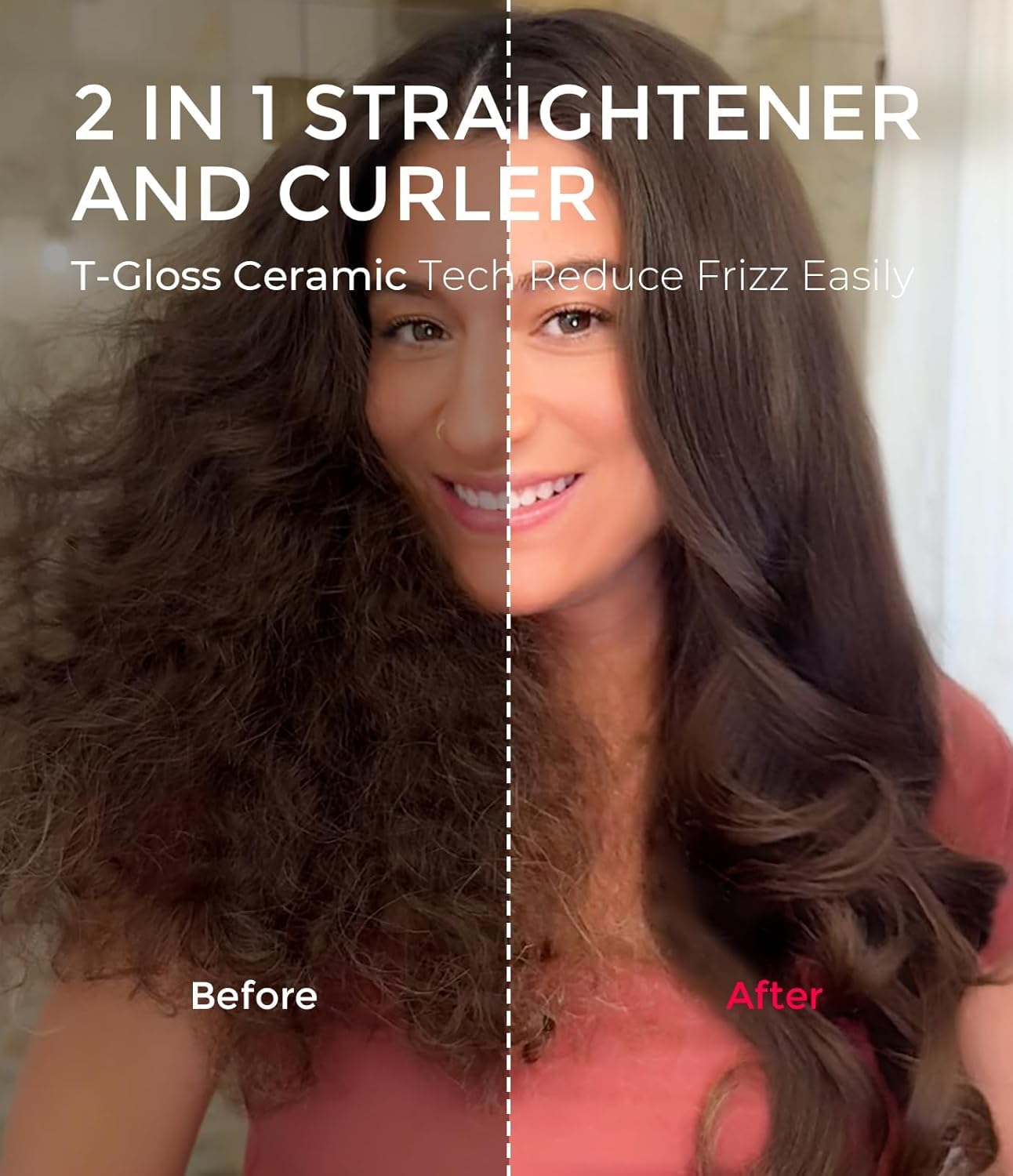 TYMO 2.0 Thermal Brush Curling Brush - STYLUX 1.7" Blowout Volumizer with Flexi-Fit for Hair Straightening, Heated Round Styler Tool, Hair Straightener and Curler 2 in 1, Dual Voltage & Light, Gold