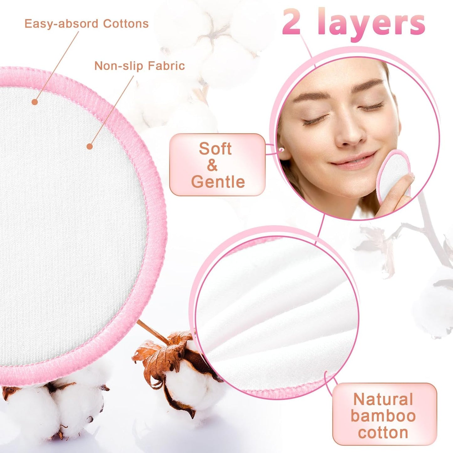 Foaincore 40 Pcs Reusable Makeup Remover Pads with Mesh Laundry Bag Washable Bamboo Cotton Rounds Soft Reusable Face Pad for Toner Skin Types with Bamboo Holder(White Pink)