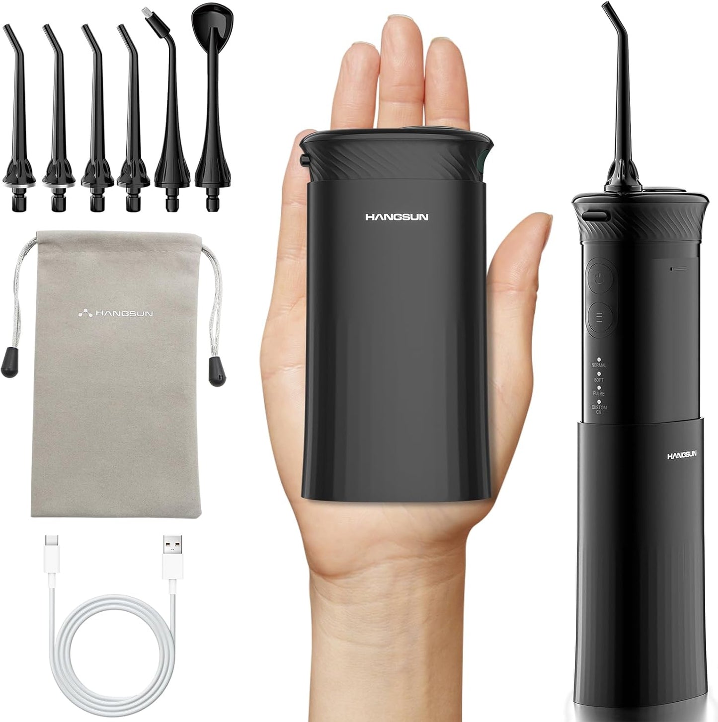 HANGSUN Portable Travel Water Flosser - Compact Cordless,30 Days Battery, Deep Plaque Removal, 4 Modes with DIY, 6 Nozzles for Sensitive Gums&Braces, IPX7, Telescopic 180ml Tank, Rechargeable, Black
