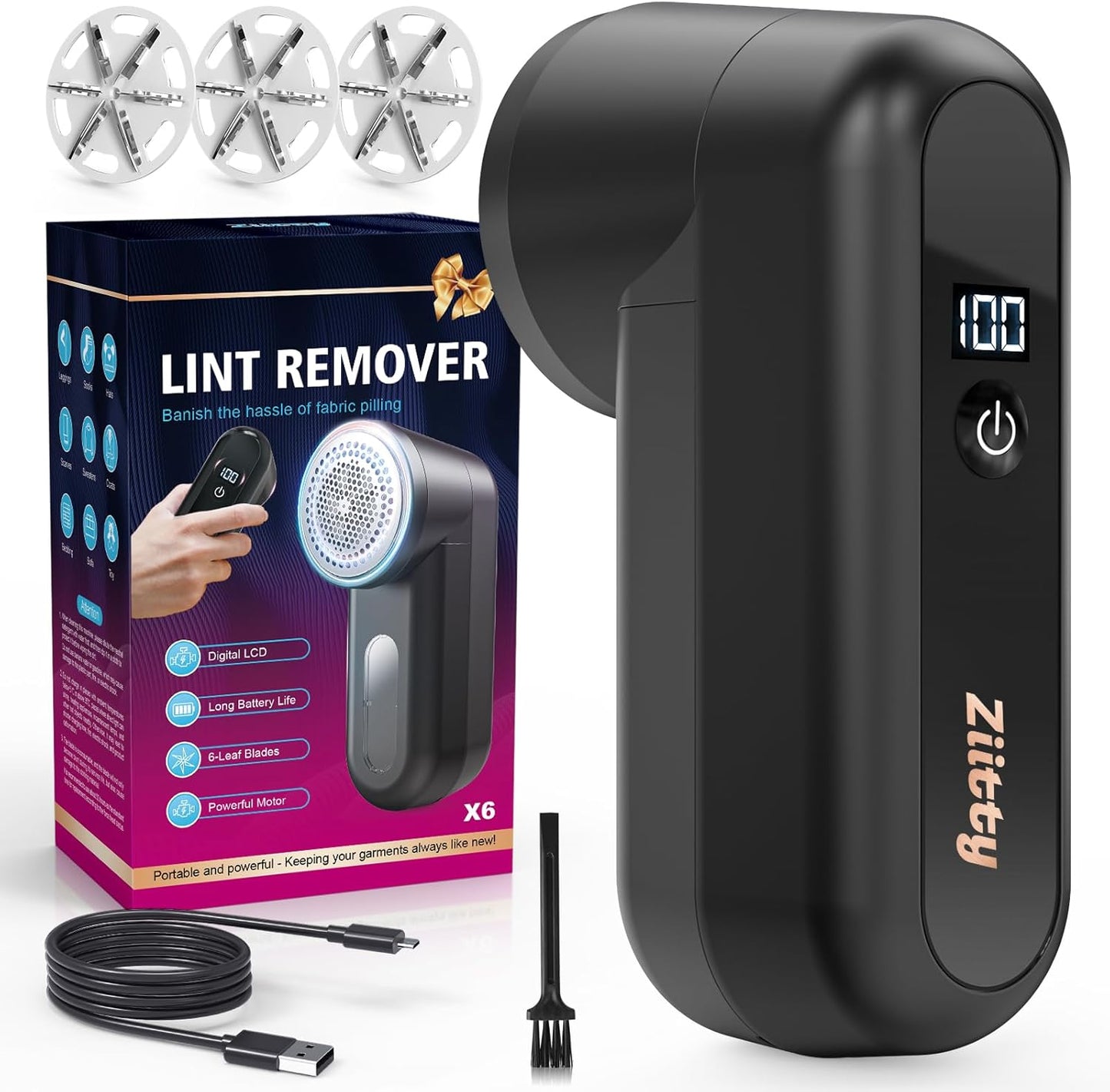 Fabric Shaver, Ziitty Lint Remover for Clothes, Type-C Rechargeable Lint Shaver with LCD Display & 6-Blade, Sweater Shavers to Remove Pilling,Fuzz Remover Fabric Shaver for Clothing and Furniture