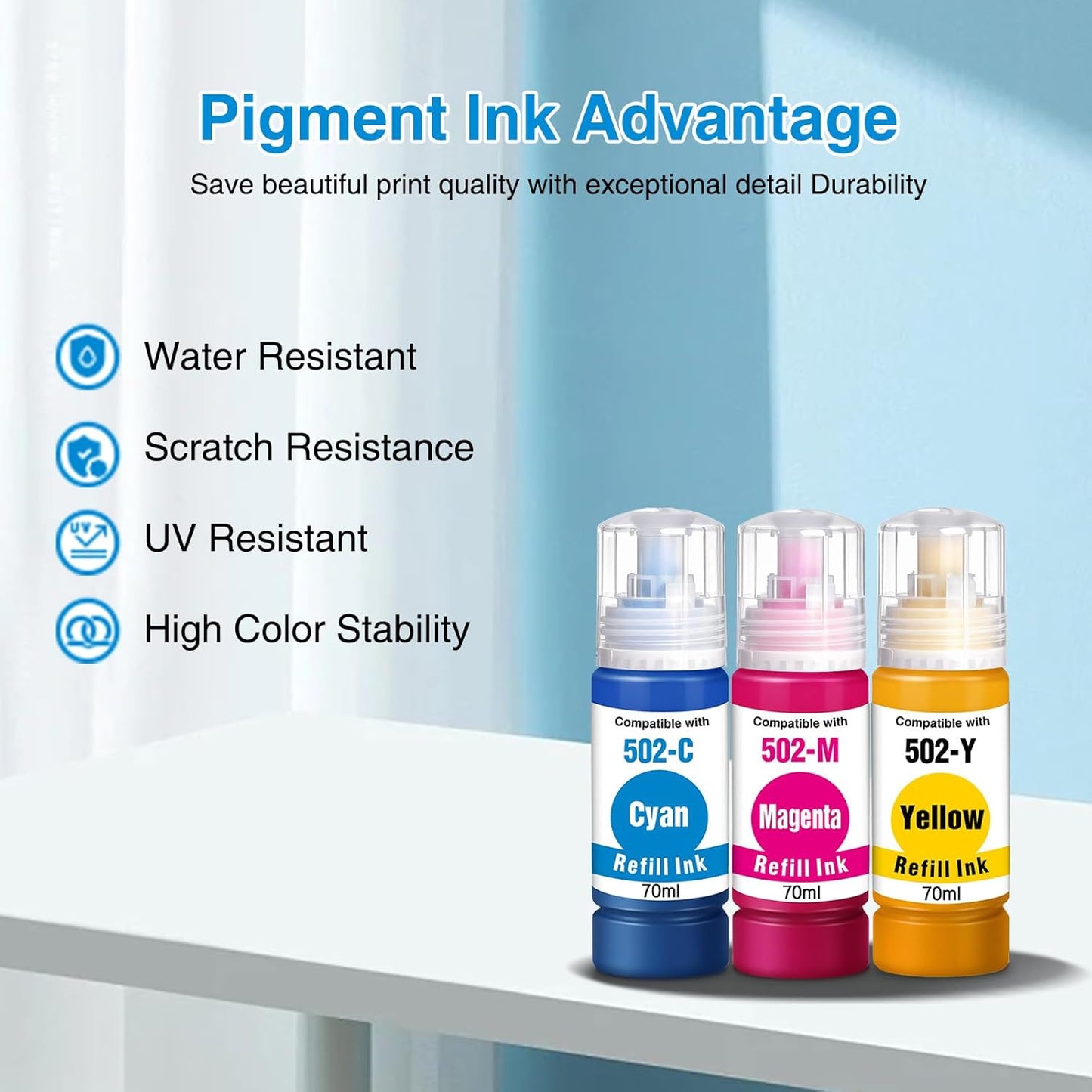 Replacement for 502 Ink Bottle Color Combo Pack Replacement for Epson 502 Compatible for EcoTank ET-2760 ET-2850 ET-4760 ET-3850 ET-15000 ET-2760 ET-4850 ET-2750 Printer (Cyan/Magenta/Yellow)