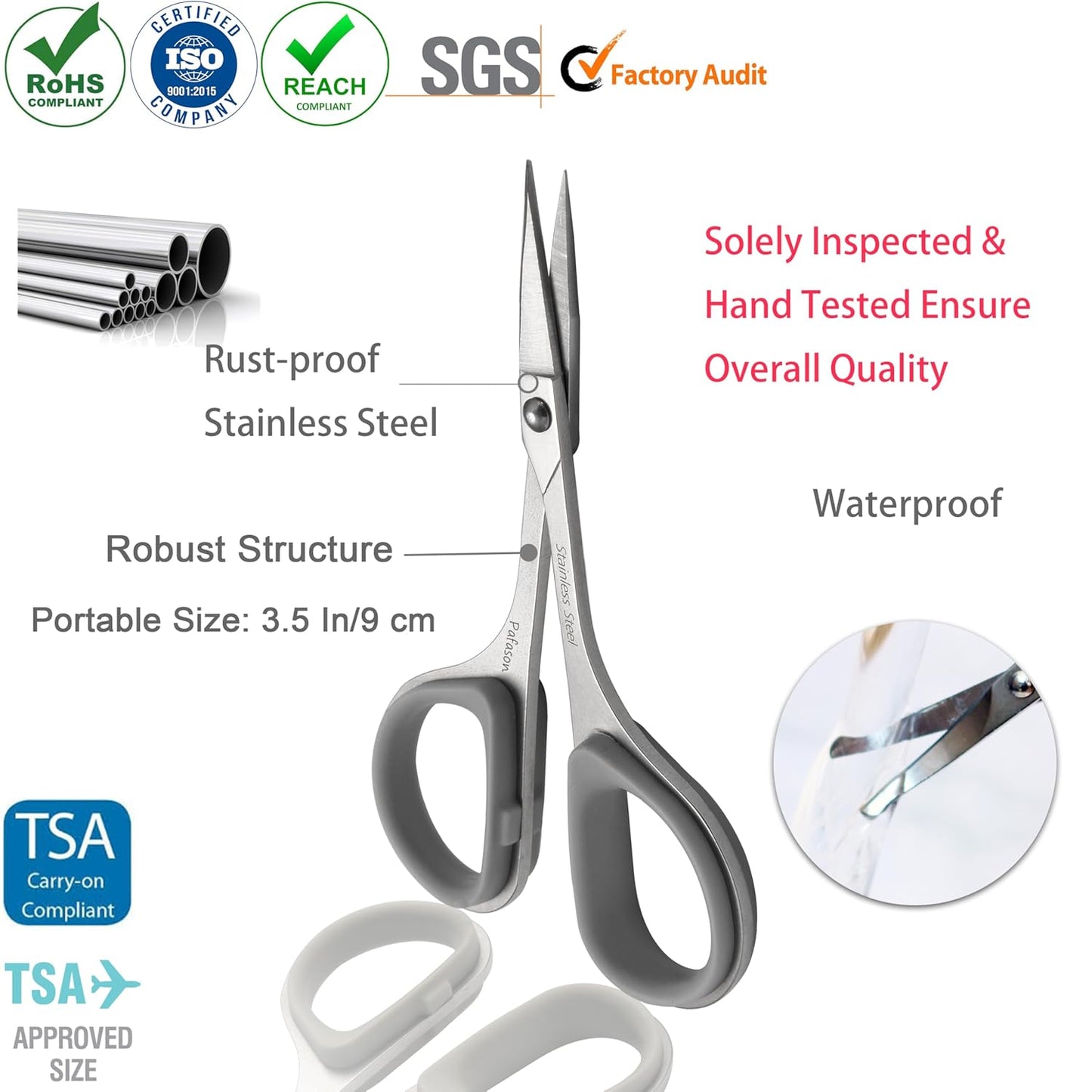 PAFASON Stainless Steel Mustache Beard Facial Nose Hair Trimming Scissor Set with Safety Cover and Leather Pouch Grey