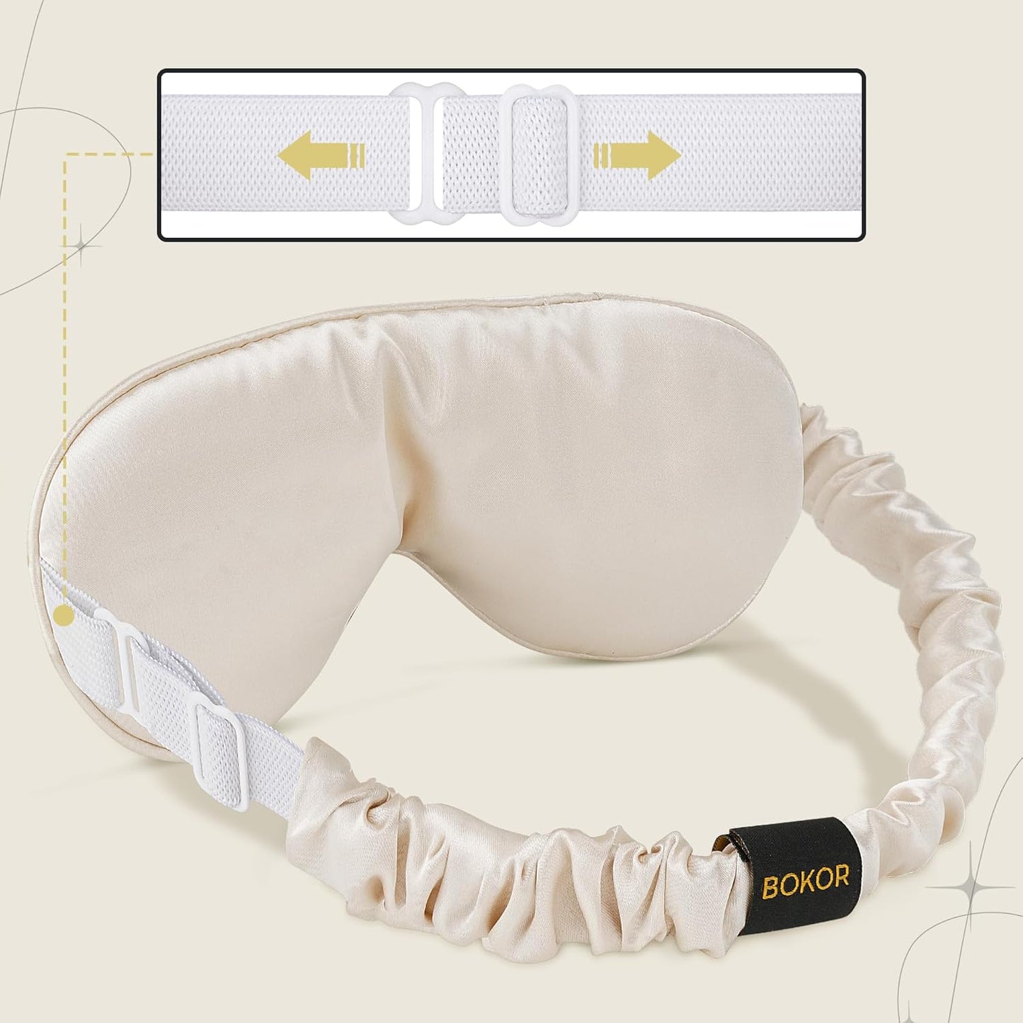 BOKOR Adjustable Silk Sleep Eye Mask for Women and Men, Luxury Mulberry Silk Eye Cover, Light-Blocking Improve Sleep Quality,with Travel Bag - Champagne