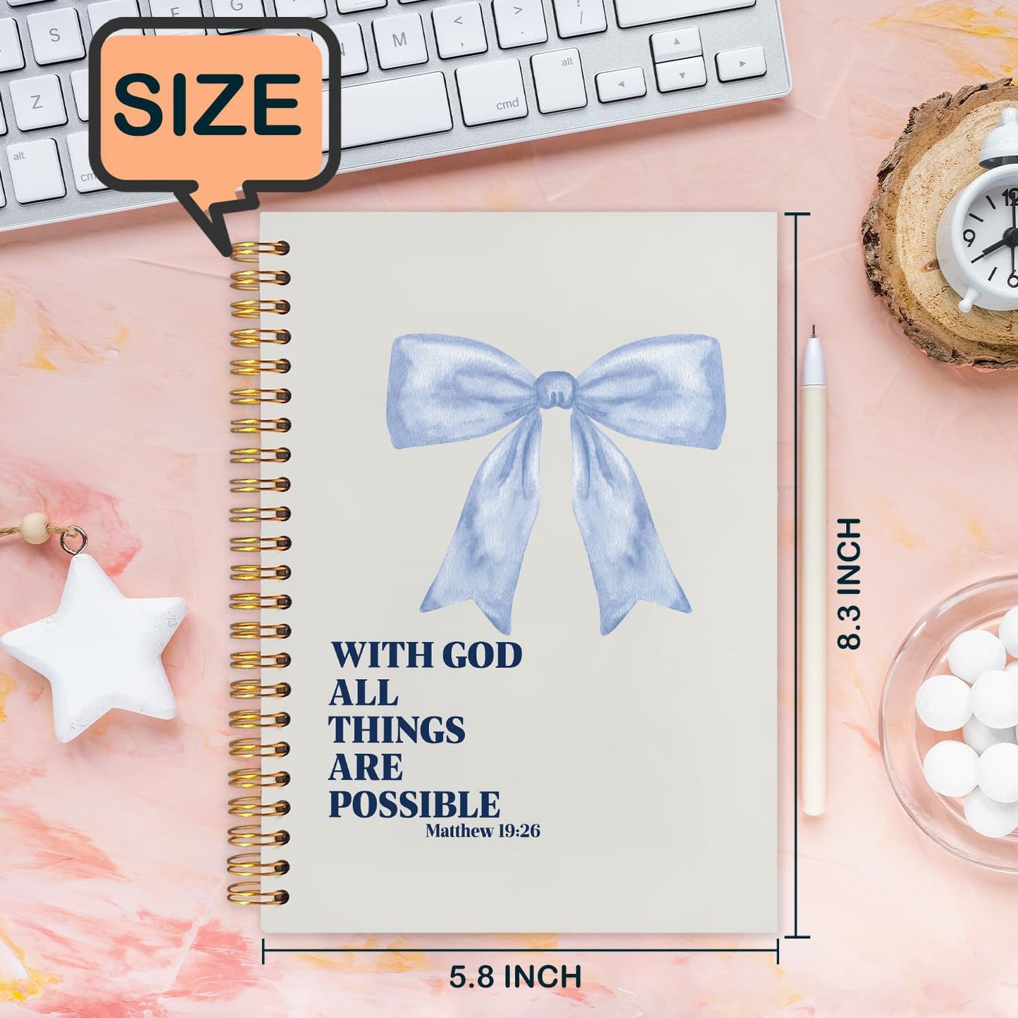 Coquette Blue Bow Christian Spiral Journal Notebook 5.5x8.3in, with God All Things Are Possible Inspirational Prayer Journal for Woman, Inspirational Bible Notebooks for Note Taking