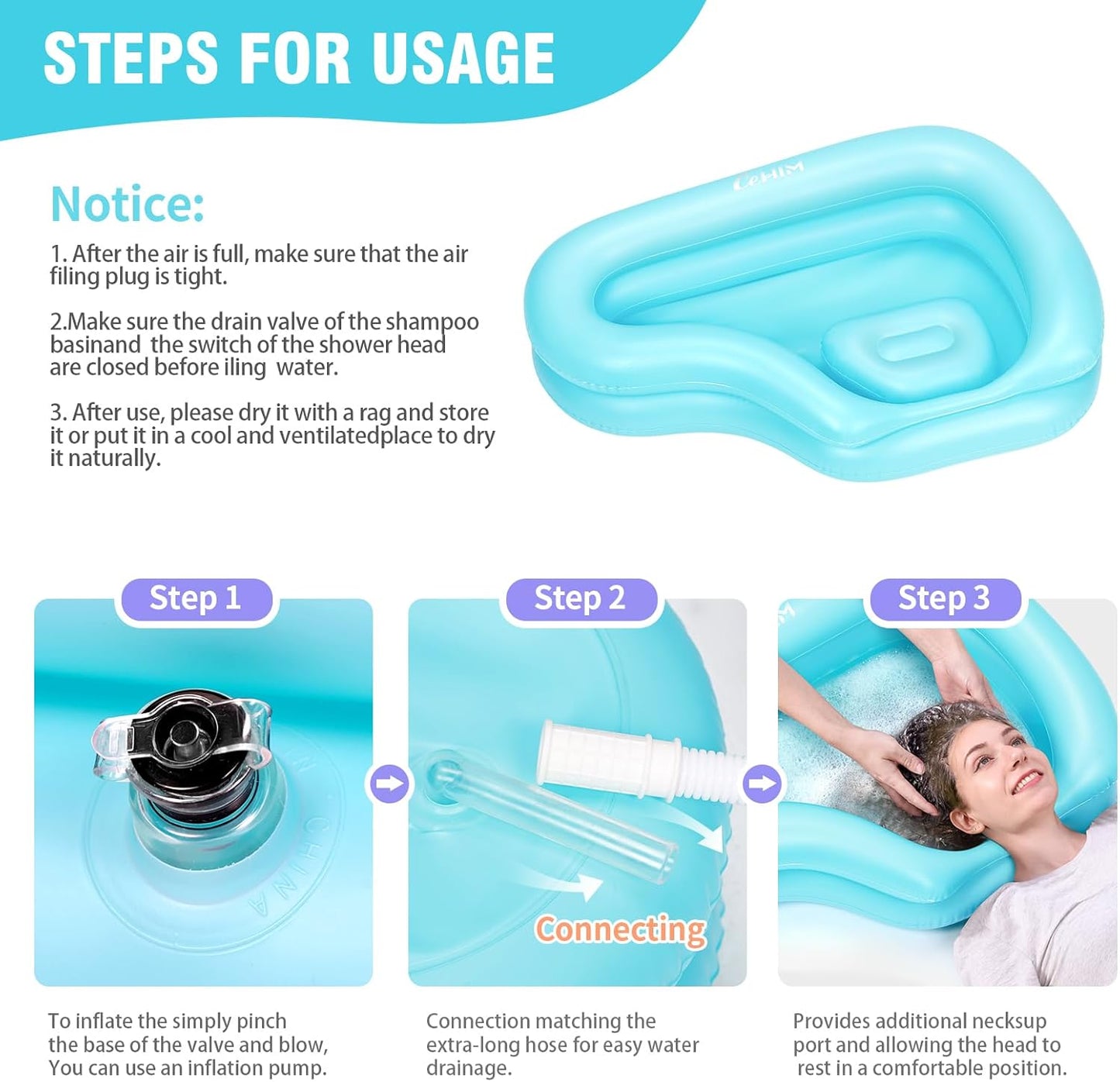 Portable Inflatable Shampoo Basin for Bedridden & Elderly - Zero Pooling Design | Fast-Drain Slope & Neck Support | Portable Hair Wash Bowl, Drain Hose | Hospital PVC | Home Use (Blue, Large)