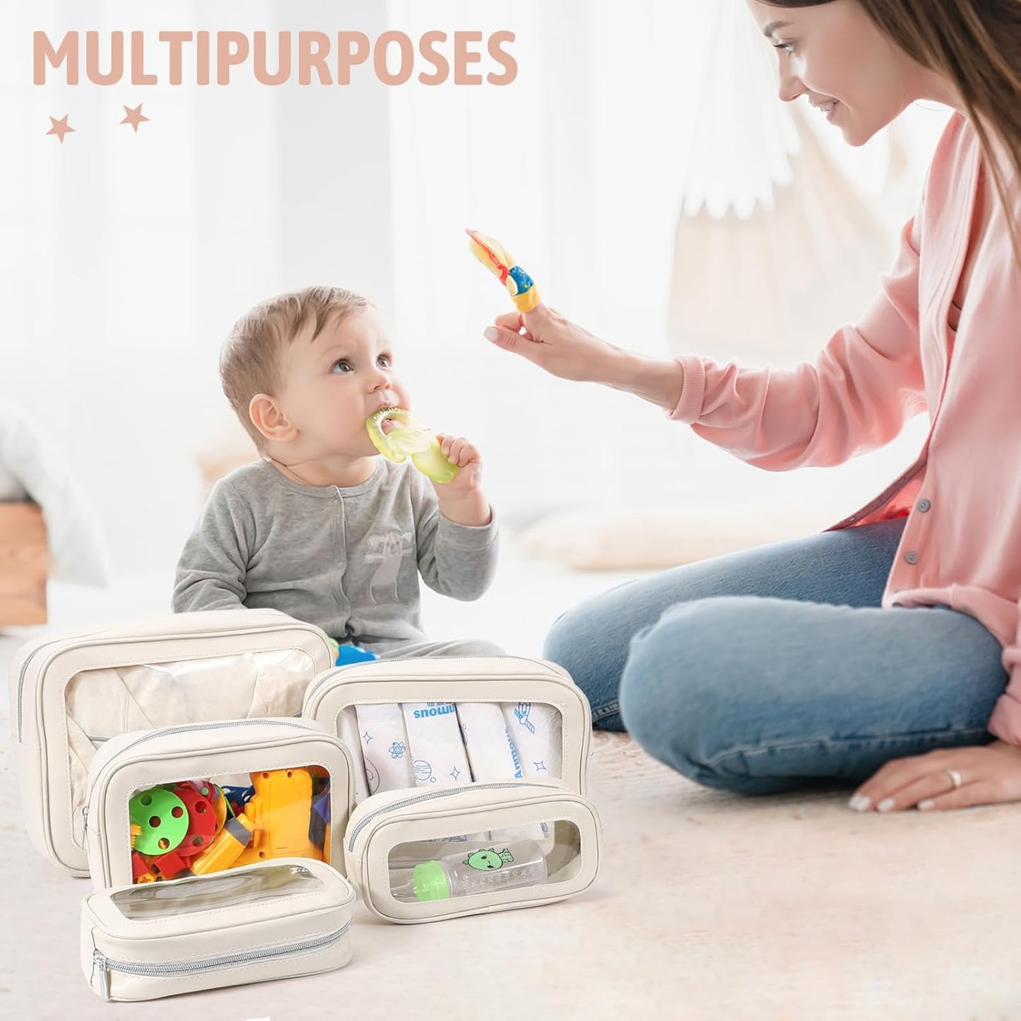 5PCS Diaper Bag Organizer Pouch Set, TSA Approved Toiletry Bag,Clear Waterproof TPU Makeup Bag Set Travel Organizer Bags for Women and Kids