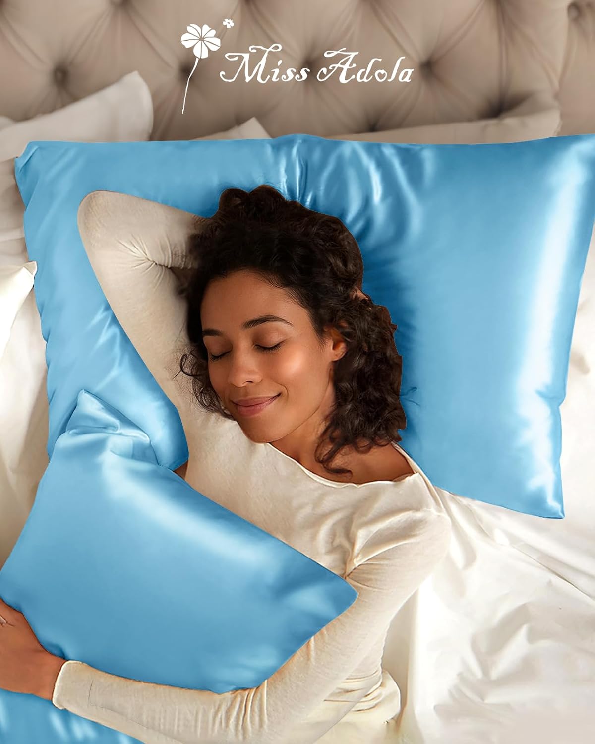 Silk Pillowcase 2 Pack - Pillow Cases King Set of 2 Size 20" x 36" for Hair and Skin Smooth Soft Breathable with Hidden Zipper Cooling Pillow Covers for Women, Light Blue