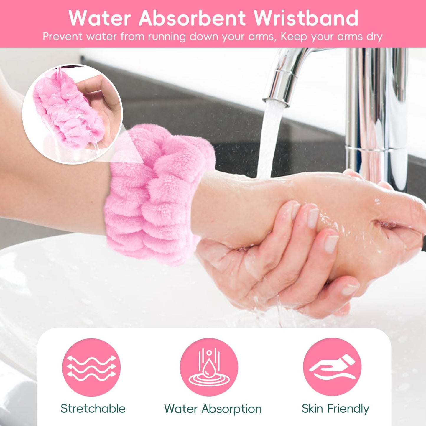 Hair Band for Washing Face, Adjustable Skincare Spa Headband and Wristband Set for Women Girl, Makeup Hair Headbands Cute Pink Versatile Fun Gift for Friend