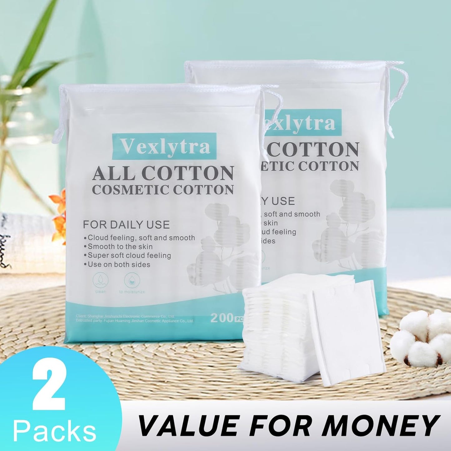 Square Cotton Pads for Makeup Remover (200 Count), 100% Pure Cotton, Hypoallergenic, Ultra-Soft & Lint-Free for Gentle Skincare