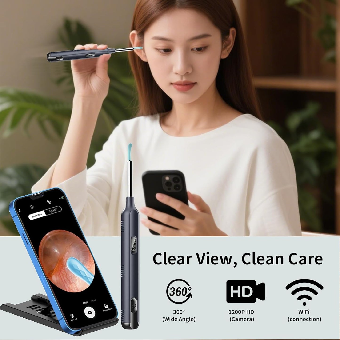 Ear Wax Removal Tool Camera, Ear Cleaner with Camera, 1200P HD Ear Camera with 6 LED Light, Ear Cleaning Kit with 15 Pcs Replacement Tips for iPhone & Android Phones Black