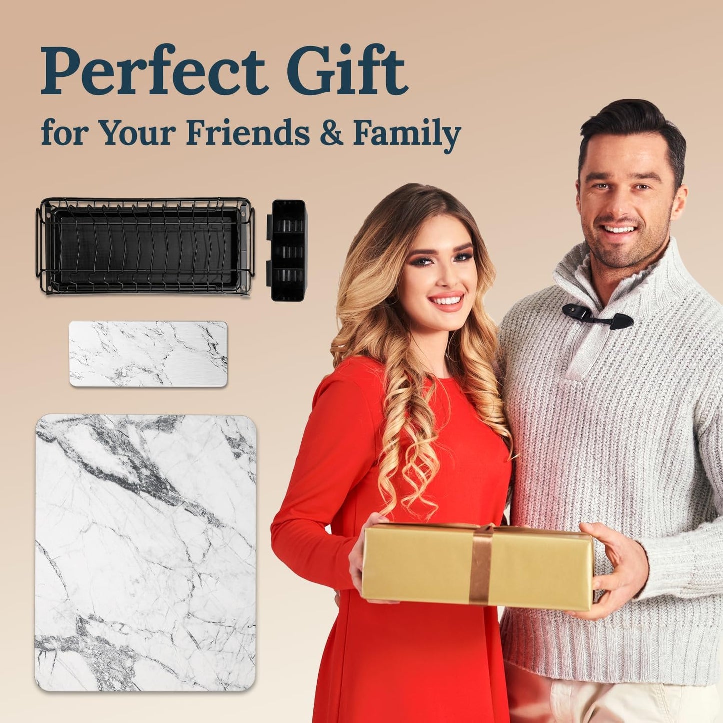 AquaTerra Diatomaceous Earth Drying Mat with Matching Sponge Caddy & Dish Rack | 3-Piece Set (White Marble, Large) | Heat-Resistant & Multi-Purpose for Drying and Kitchen Organization