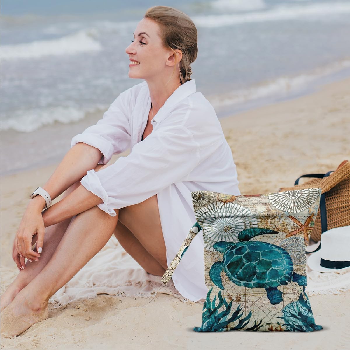 Turtle Wet Bags 12x10 Inch, Sea Weed Waterproof Travel Laundry Bags, Shell Washable Reusable Wet Dry Bag for Swimsuit Beach Diapers Dirty Yoga Gym Clothes, Sea Turtle Gifts for Women Friend Travelers