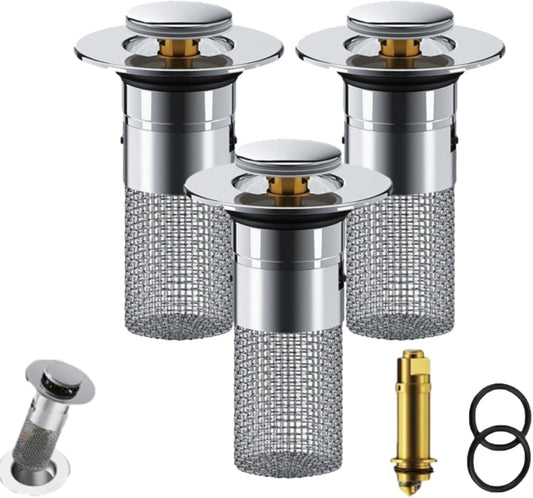 Conceptan Drain Stopper, Bathroom Sink Stopper Hair Catcher, Sink Plug Hair Trap, Bathtub Drain Stopper, Universal Pop up Stainless Steel Floor Drains Filter, Fits Bathroom, Laundry Sink Drains (3pcs)