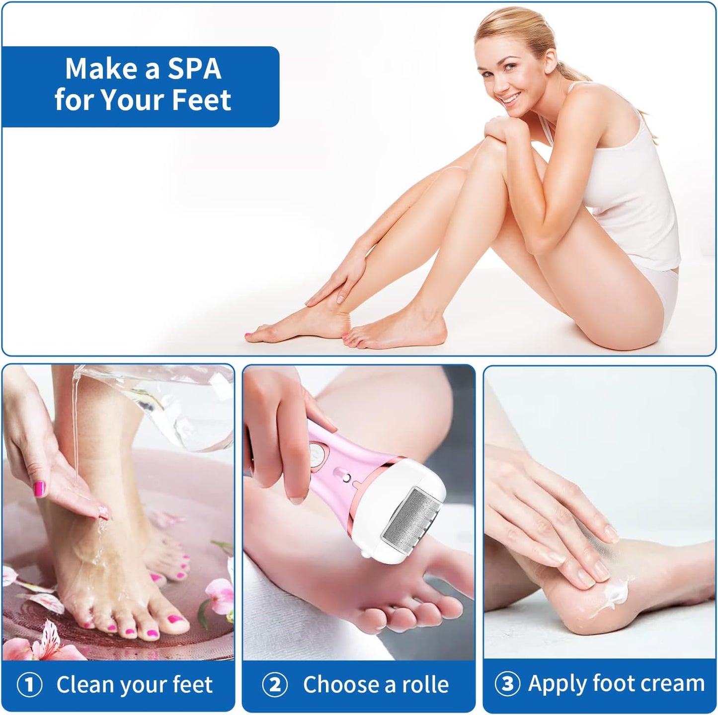 Electric Foot Callus Remover, Rechargeable Portable Electronic Foot File Pedicure Kits, Waterproof Foot Scrubber File, Professional Pedicure Tools, Foot Care for Dead Skin Ideal Gift, 3 Rollers