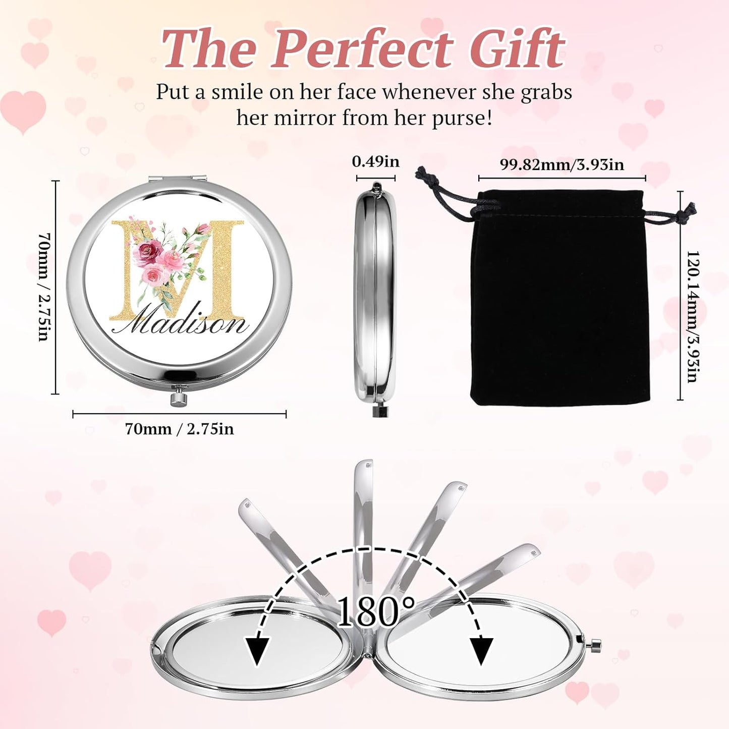 Personalized Compact Mirror for Purse, Custom Pocket Mirror with Initial and Name, Custom Floral Monogram Small Travel Makeup Mirrors for Women Sister Daughter Mom Bridesmaid Birthday