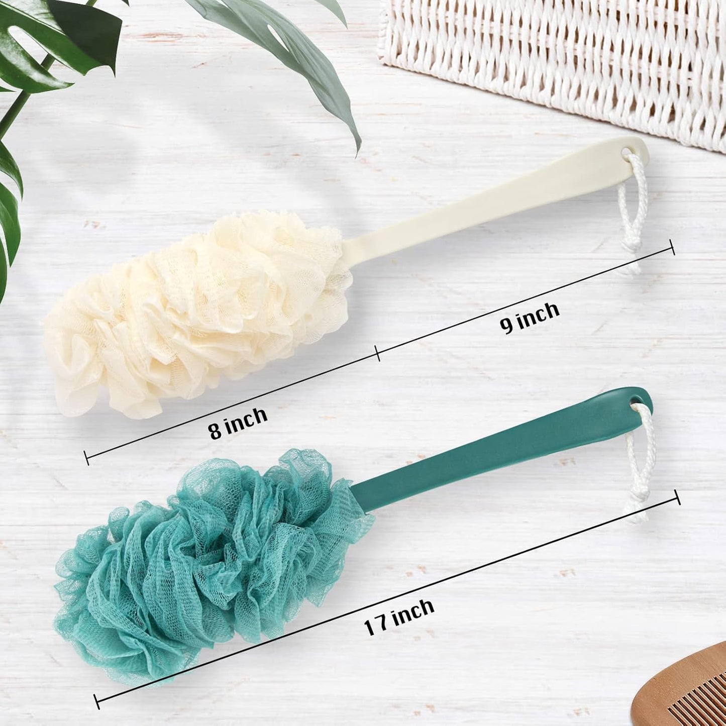 2Pack Back Scrubber for Shower,PIPUHA Loofah Sponge Shower Brush Using Body Exfoliating with Long Handle, Loofah on a Stick for Men Women, Bathing Accessories for Body Brushes (Blue and White)