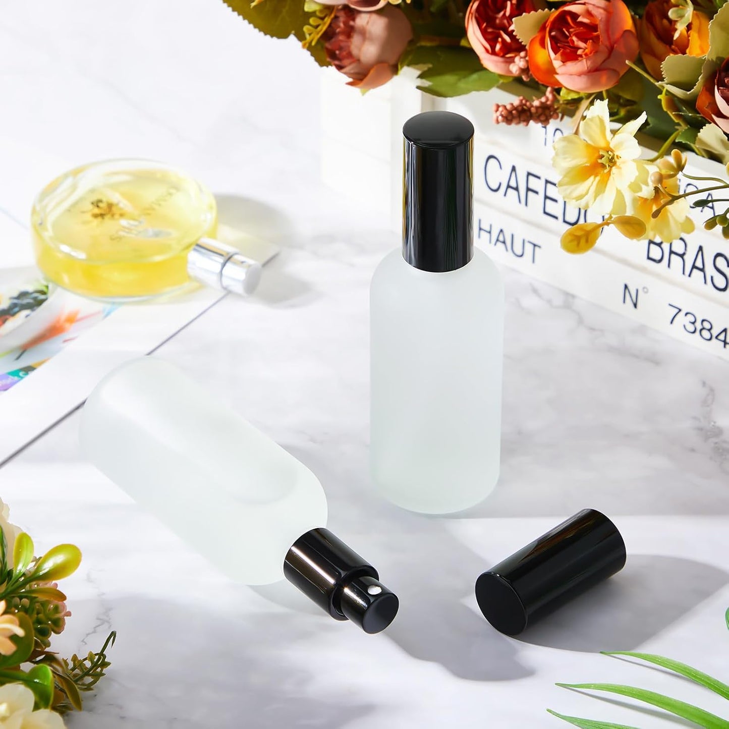 Roshtia 30 Pcs 3.4 oz/ 100 ml Black Glass Spray Bottle Refillable Perfume Atomizer Clear Decorative Empty Bottles with Fine Mist Sprayer Pump for Face Body Travel