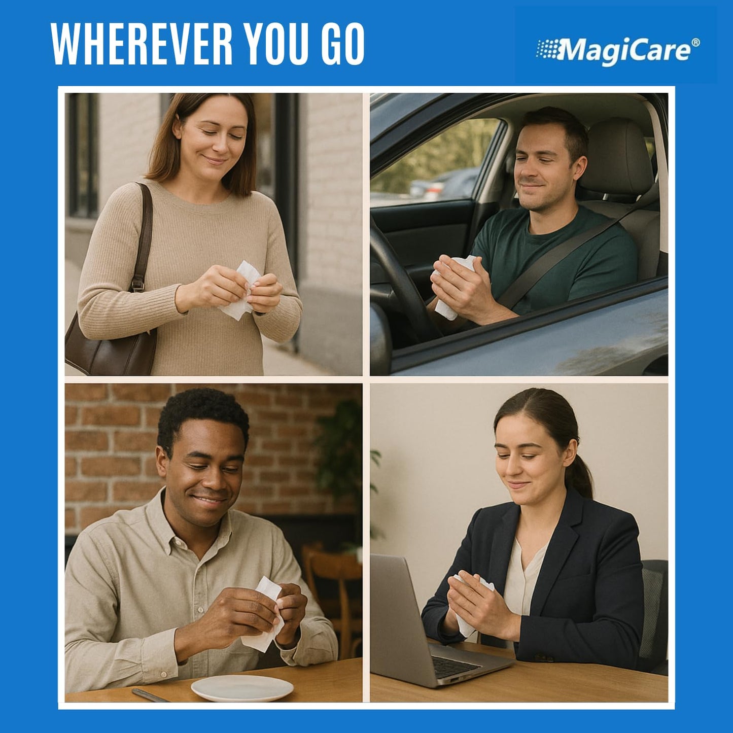 MagiCare 75% Alcohol Hand Sanitizing Wipes (Travel Wipes, 10 Packs) - Premium, Unscented, Large Alcohol Wipes - Hand Wipes Travel Size - Bag, Purse, Car - 10 Packs of 20 (200 Hand Sanitizer Wipes)