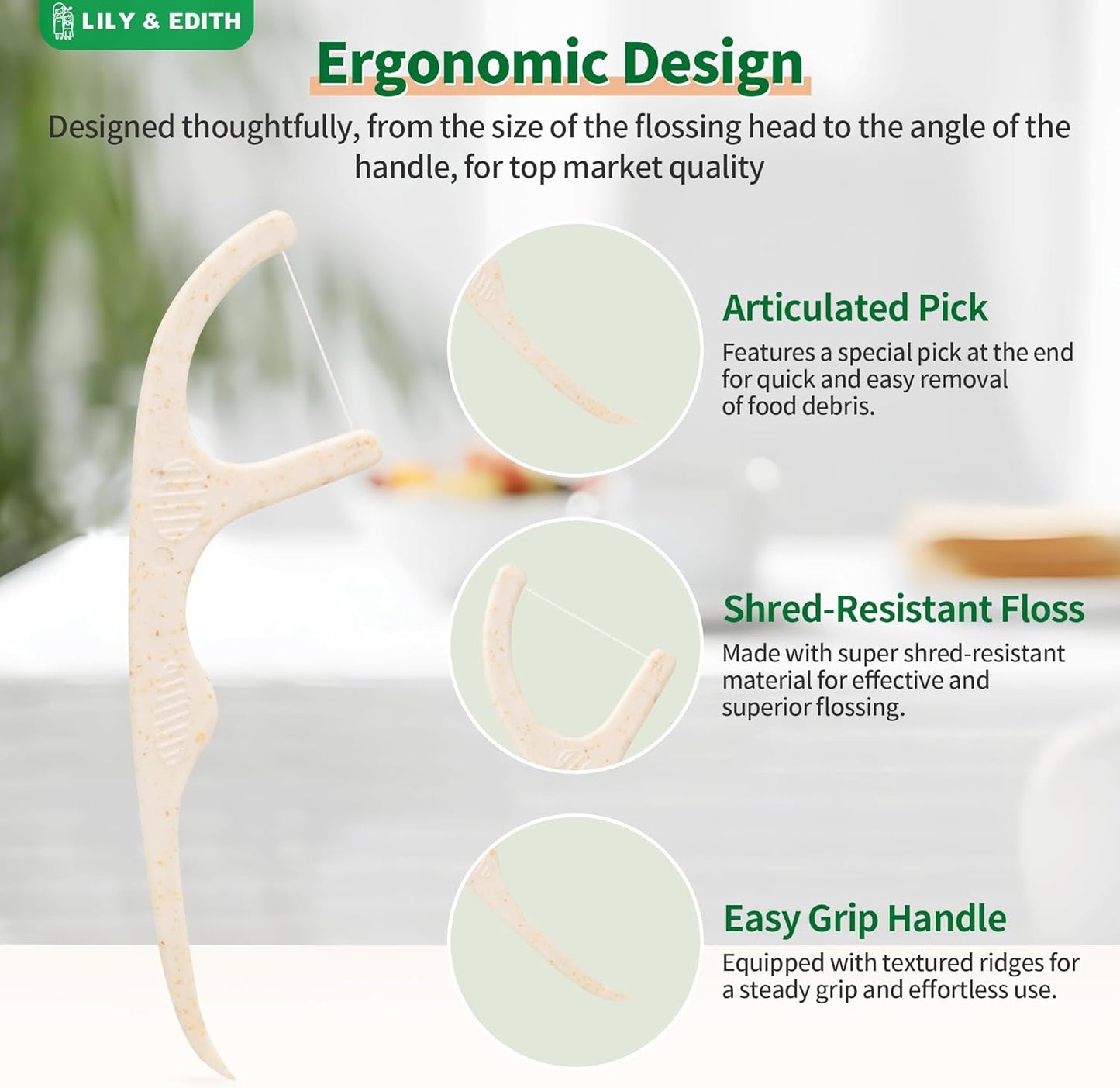 LILY & EDITH Plant Based Dental Floss Picks Adults and Kids 300 Counts, Fluoride-Free, Plant Based Straw Wheat, Earth Friend, Zero Waste Package, Shred Resistant (Unflavored)