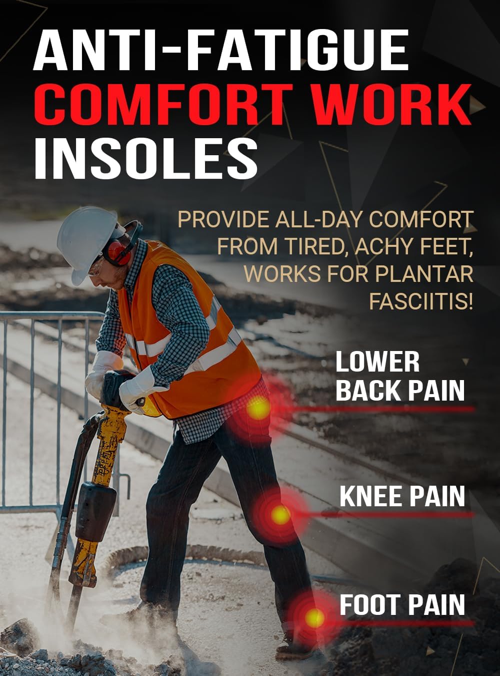 Work Pro Comfort Insoles - Shock Absorption - Low Arch - Cushioning Anti Fatigue Shoe Insert Men Women - Non-Slip - Soft Comfortable Work Boot Insoles - Foot Pain Relief (M, Black)