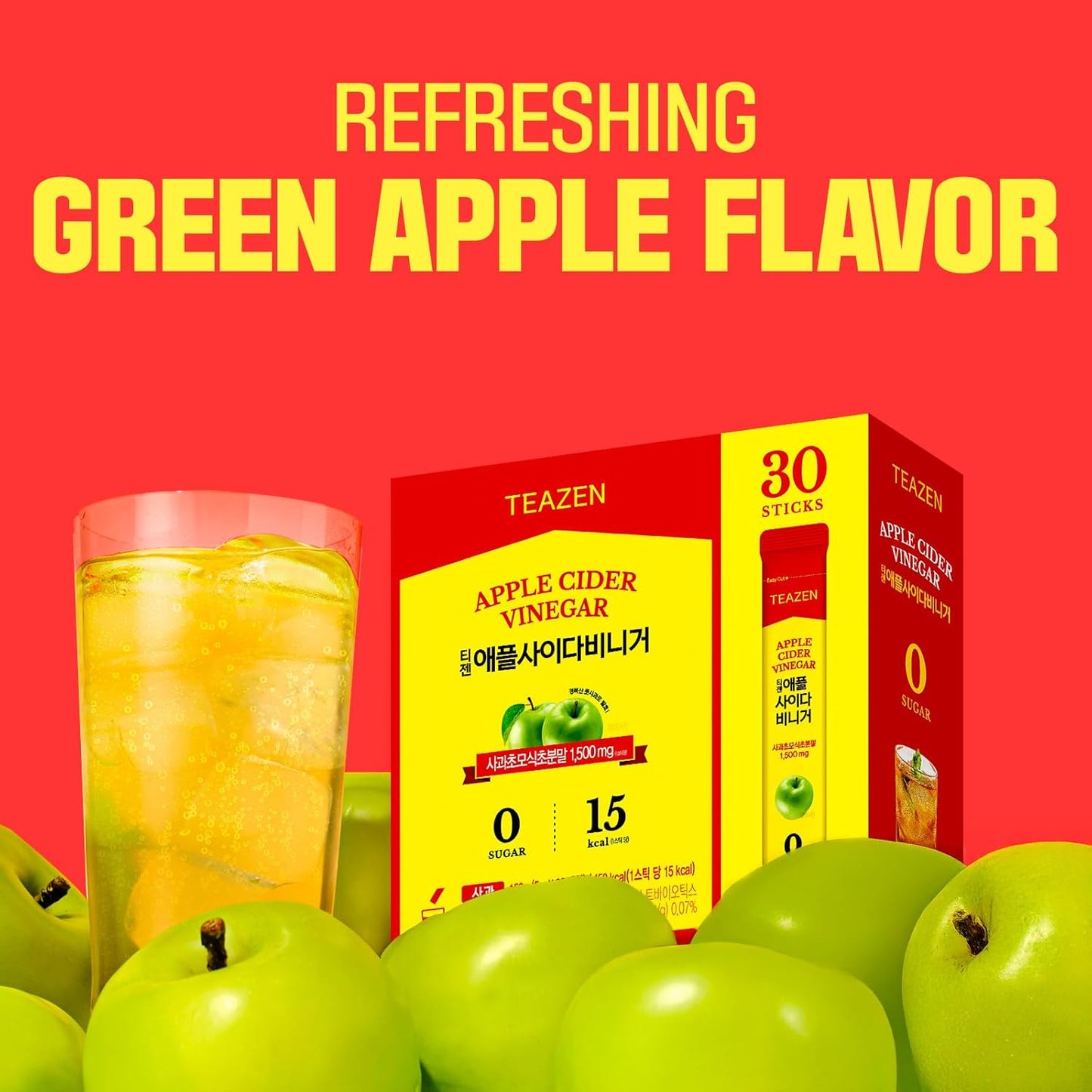 TEAZEN Apple Cider Vinegar Drink Powder Stick – On-the-Go Wellness with 1500mg ACV, Sugar-Free, Postbiotics, 30 Sticks | Supports Digestion & Metabolism