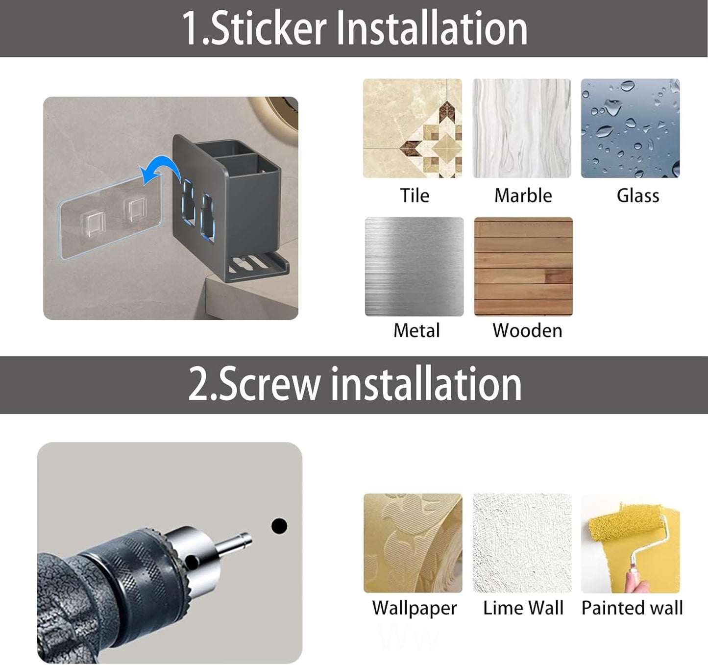 Grey Wall-Mounted Toothbrush Holder, Aluminum Material Shower Shaver Storage Rack, No Drilling Required, Removable Toothpaste Storage Rack