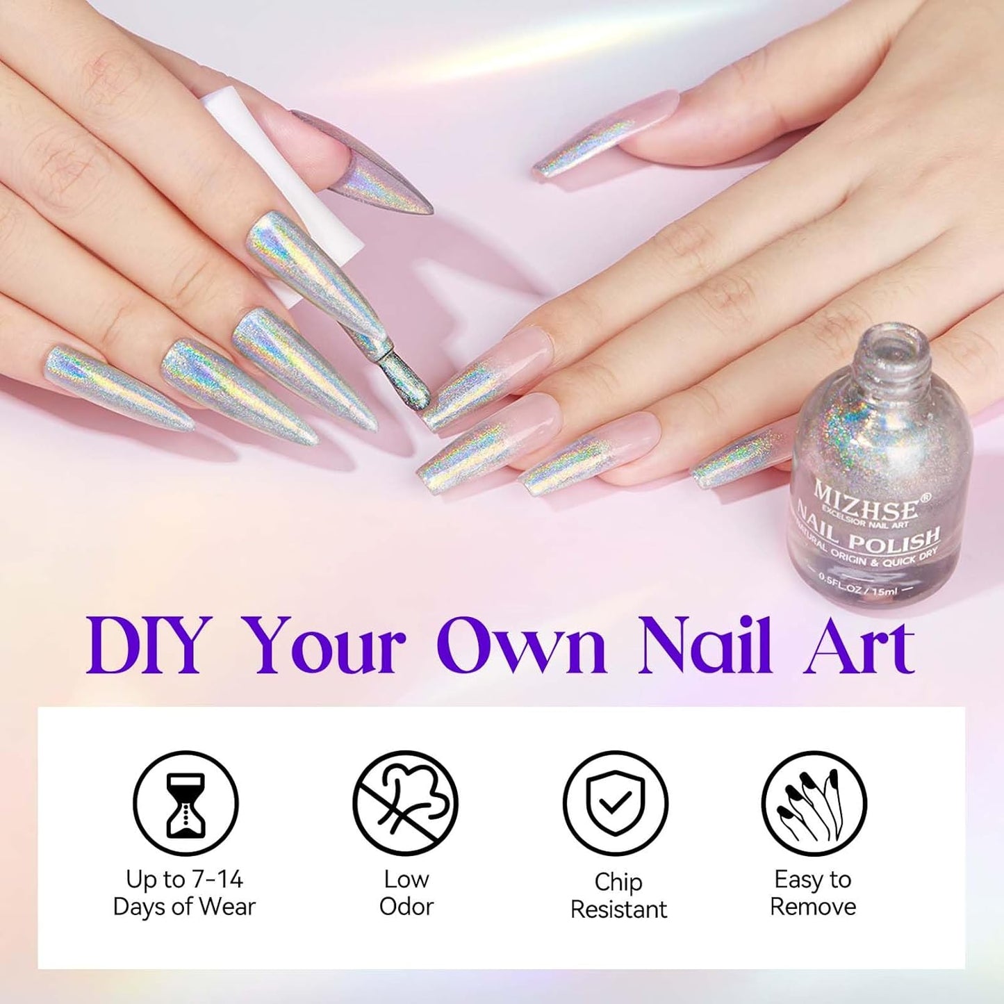 MIZHSE Holographic Nail Polish, Silver Glitter Nail Polish Air Dry Fast, 15 ml 0.5 fl oz High Glossy Shiny Nail Pigment Oil-based Laser Iridescent Nail Lacquer Chrome Halo Nail Art Salon Manicure Home