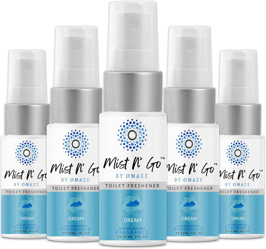 Mist N’ Go by Omaze Travel Bathroom Spray for Toilet Spray Odor Eliminator - Travel Toilet Spray for Bathroom Air Freshener Spray for Bathroom Deodorizer - Dream Travel Size (1oz x5)