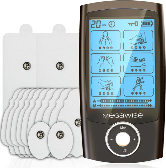 MegaWise 48 Modes(24 * 2) Dual Channel EMS TENS Unit Muscle Stimulator with 14Pcs Reusable Electrode Pads. Rechargeable Continuous Mode Electronic Pulse Massager with Storage Pouch/Pads Holder