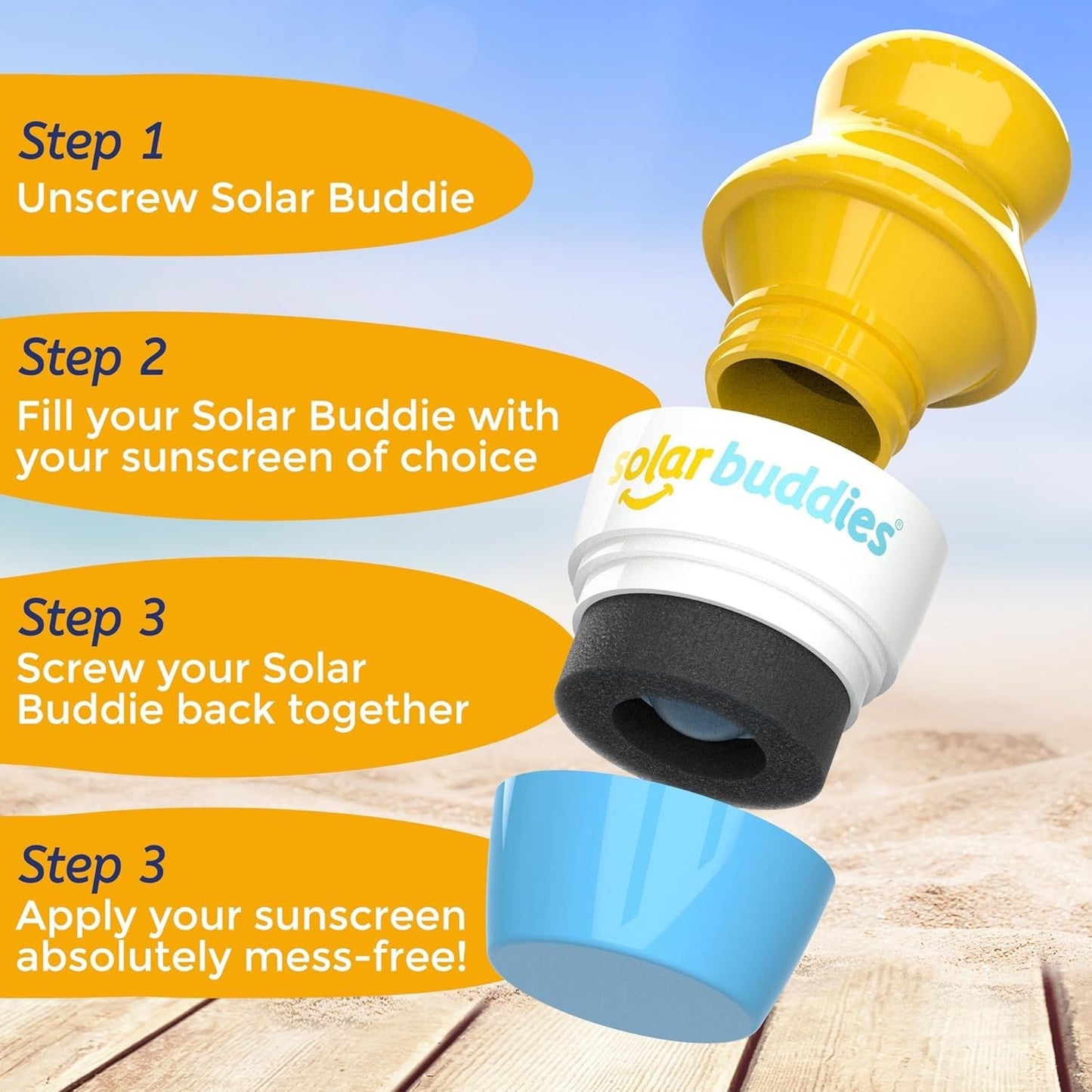 Solar Buddies Sunscreen Applicator - Blue Pack of 2 - BPA-Free Refillable Roll on Sponge Sunscreen, Suncream & Lotion Applicator For Kids, Adults & Families - Holds 3.4fl oz, Perfect Size for Travel