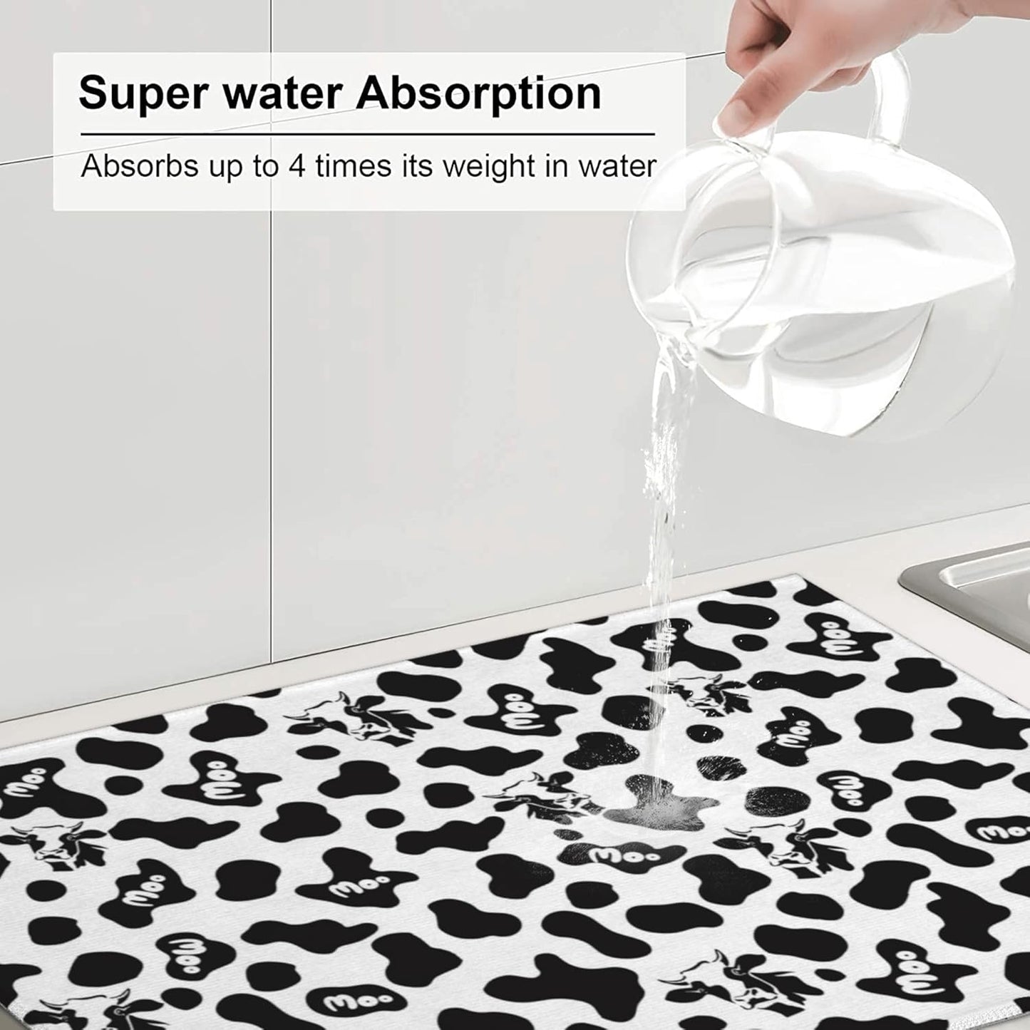 Black White Dish Drying Mat for Kitchen Counter 18"x24" Cow Print Dishes Pad Dish Drainer Rack Mats Microfiber Washable Absorbent Kitchen Decor
