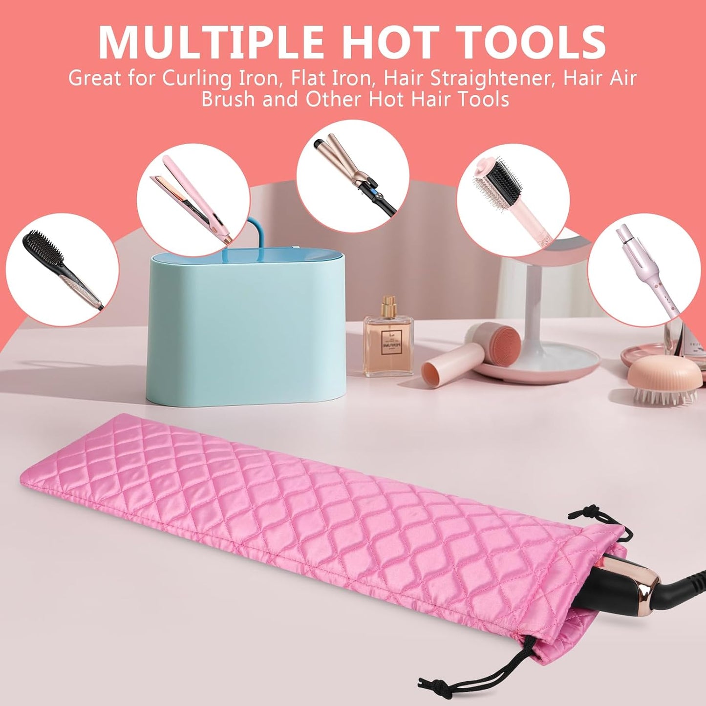 AMIJEAL Heat Resistant Hair Tools Organizer Bag Portable Travel Drawstring Storage Cover Pouch for Hair Straightening Irons, Curling Irons, Flat Irons and Hot Styling Tools(16" x 4.3")