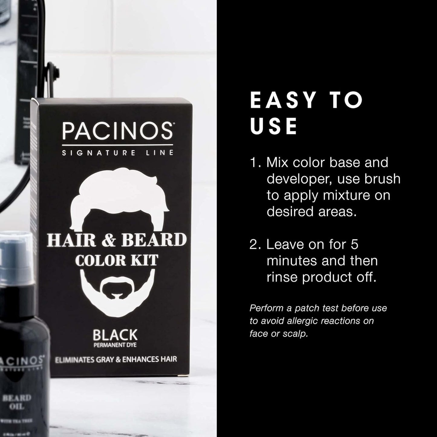 Pacinos Hair & Beard Color Kit (Black) - Hair Color For Men, Eliminates Grays in 5 minutes, Easy to Apply Brush-In Formula, Enhances Appearance of Hair for Moustache & Beard